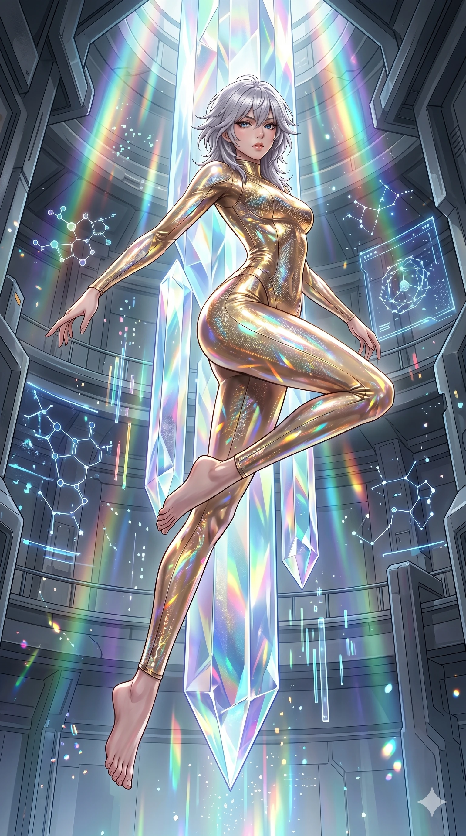 score_9, masterpiece, best quality, ultra-detailed, high-budget anime keyframe, editorial fashion photography, tasteful artistic composition, Japanese woman. low angle full-body shot from head to toe showing her feet, filling the entire 9:16 vertical frame with her statuesque presence, stretching her vertical silhouette. Leaping upward in a spiral twist, her body rotating elegantly through the vertical space inside a tech-fantasy research facility with glowing hologram models of molecules, as faint echoes of digital chimes float through the space. She has an absolutely perfect 8-heads proportion, an exceptionally tall and slender female figure with impossibly long slender legs and an ultra-slim waist. V-shaped jawline, high-bridge nose, intricate jewel-like eyes with depth, thick eyelashes, glossy lips with a natural sheen. wearing a precision-fitted metallic gold bodysuit decorated with light-refracting micro-scale panels. illuminated by cascading rainbow prismatic light refracting through crystal, casting patterns on her skin. 2k, ultra detail, master piece, 9:16 ratio
