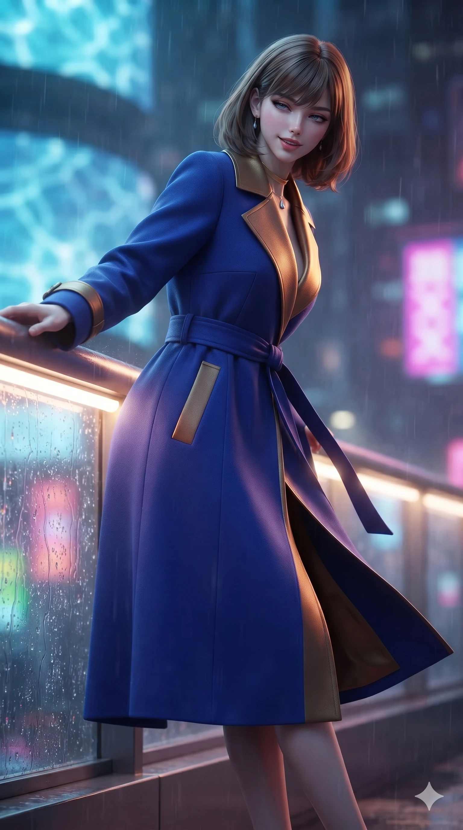 score_9, masterpiece, best quality, ultra-detailed, high-budget anime keyframe, editorial fashion photography, tasteful artistic composition, Caucasian woman. low angle full-body shot from head to toe showing her feet, filling the entire 9:16 vertical frame with her statuesque presence, stretching her vertical silhouette. executing a slow, graceful pivot turn as her garment sways around her slender legs, glancing back with an enchanting, teasing sensual expression while leaning forward over the illuminated balustrade, looking into the camera with heavy-lidded seductive depth and a teasing parted-lip smile. The background shows a soft-focus digital water ripple effects and holographic signage softened in avant-garde sci-fi shallow focus. She has an absolutely perfect, statuesque 8.5-heads proportion, an exceptionally tall and slender model-like female figure with impossibly long slender legs, an ultra-slim waist, a flat toned midriff, narrow delicate ribcage, and beautifully sculpted feminine hips creating a graceful, slim hourglass silhouette without any bulky heaviness. sharp v-shaped jawline, high-bridge nose, sparkling eyes with hypnotic seductive depth, thick curled eyelashes, glossy parted lips with a natural dewy peach sheen, alluring bedroom-eyes with an enchanting coquettish smile, exuding magnetic siren charisma and sophisticated glamour, flawlessly proportioned anatomical accuracy, strict slender model proportions, natural body alignment, perfectly sculpted long slender limbs, ultra-slim waistline, clean dynamic posture without body distortion. wearing a tailored wool-cashmere trench-style wrap coat with a wide sash belt and structured lapels in royal lapis lazuli and burnished brass, crafted from architectural Japanese double-weave crepe with crisp sculptural silhouettes, finished with a minimalist gold choker and a single teardrop diamond pendant, the impeccably tailored cut draping gracefully along her slender figure with aristocratic futuristic poise. bathed in dynamic shifting multi-color neon light transmitted through rain-streaked exterior glass. ultra-reflective glossy finish, specular highlights, rich textural contrasts, high-contrast stereoscopic depth, volumetric dynamic lighting, 2k, ultra detail, master piece, 9:16 ratio
