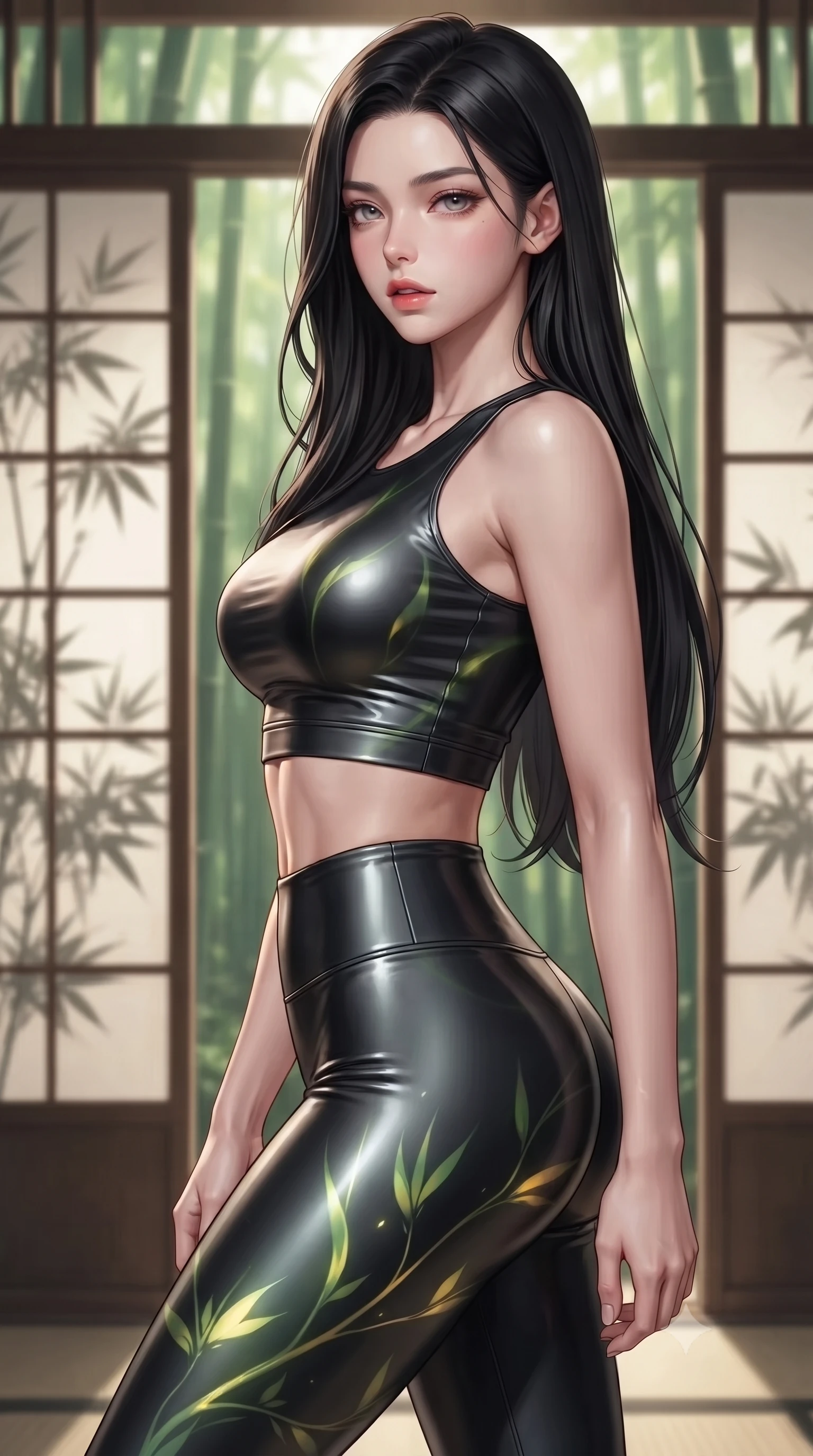 score_9, masterpiece, best quality, ultra-detailed, high-budget anime keyframe, editorial fashion photography, tasteful artistic composition, Korean woman. close-up cowboy shot from the waist and thighs up, the character dominates the composition, filling the frame with her large presence, background elements kept in soft focus. turning her face in profile to look over her shoulder, casting a smoldering side gaze with lips slightly parted, the background shows a soft-focus a bamboo forest temple with paper partitions showing plant silhouettes. She has an exceptionally elegant, slender, and willowy female figure with an ultra-slim waist, a gracefully sculpted slender torso, and a refined silhouette. sharp v-shaped jawline, high-bridge nose, intricate jewel-like eyes with depth, thick eyelashes, glossy lips with a natural sheen. wearing a body-hugging form-fitting athletic crop top and matching high-waisted compression leggings in sleek carbon-black tech fabric. soft green and yellow digital plant light wrapping her form in an organic glow. ultra-reflective glossy finish, specular highlights, metallic sheen, high-contrast stereoscopic depth, volumetric dynamic lighting, 2k, ultra detail, master piece, 9:16 ratio