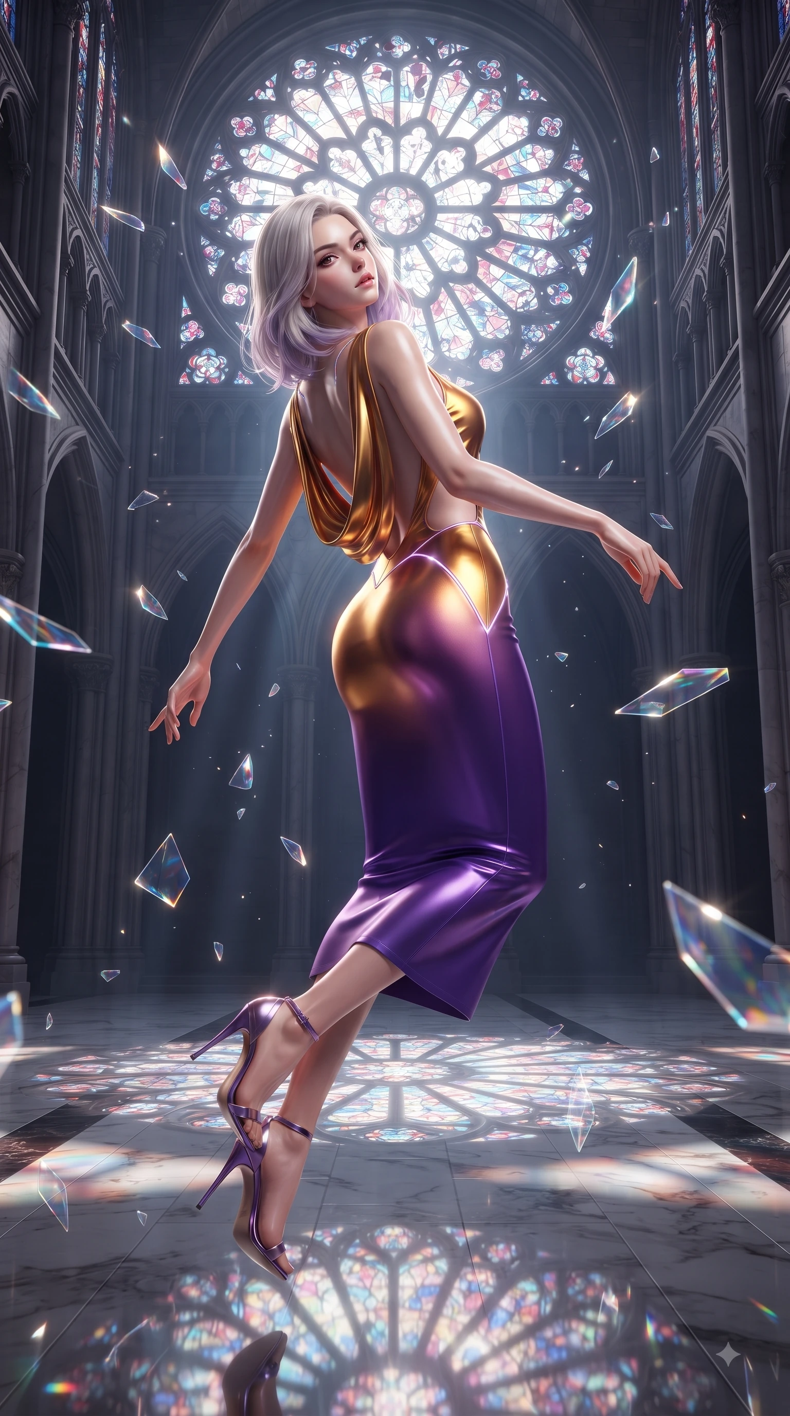 score_9, masterpiece, best quality, ultra-detailed, high-budget anime keyframe, editorial fashion photography, tasteful artistic composition, Caucasian woman. low angle full-body shot from head to toe showing her feet, filling the entire 9:16 vertical frame with her statuesque presence, stretching her vertical silhouette. pivoting dynamically in mid-motion with a breathtakingly alluring posture, displaying her flawless model proportions and ultra-slim waist while floating weightlessly beneath a shattered gothic rose window as holographic glass fragments suspend in mid-air. The surrounding environment is rendered in vivid detail and crisp panoramic clarity. geometric stained glass patterns, marble floor reflections, and crisp atmospheric light shafts in high clarity. She has an absolutely perfect, statuesque 8.5-heads proportion, an exceptionally tall and slender model-like female figure with impossibly long slender legs and an ultra-slim waist. sharp v-shaped jawline, high-bridge nose, intricate jewel-like eyes with depth, thick eyelashes, glossy lips with a natural sheen, flawlessly proportioned anatomical accuracy, natural body alignment, perfectly sculpted elegant limbs, clean dynamic posture without body distortion. wearing a precision-fitted liquid jersey bodycon dress with a dramatic draped cowl back that swoops down to her waist in lustrous molten gold and pure deep violet, made of liquid metal jersey that clings flawlessly to every contour of her build, accented with glowing fiber-optic seams tracing her collarbones and hip curves, the daring cutouts accentuating her delicate midriff, graceful collarbones, and feminine contour. surrounded by an awe-inspiring, ethereal, and breathtakingly dramatic cathedral atmosphere. ultra-reflective glossy finish, specular highlights, metallic sheen, high-contrast stereoscopic depth, volumetric dynamic lighting, 2k, ultra detail, master piece, 9:16 ratio