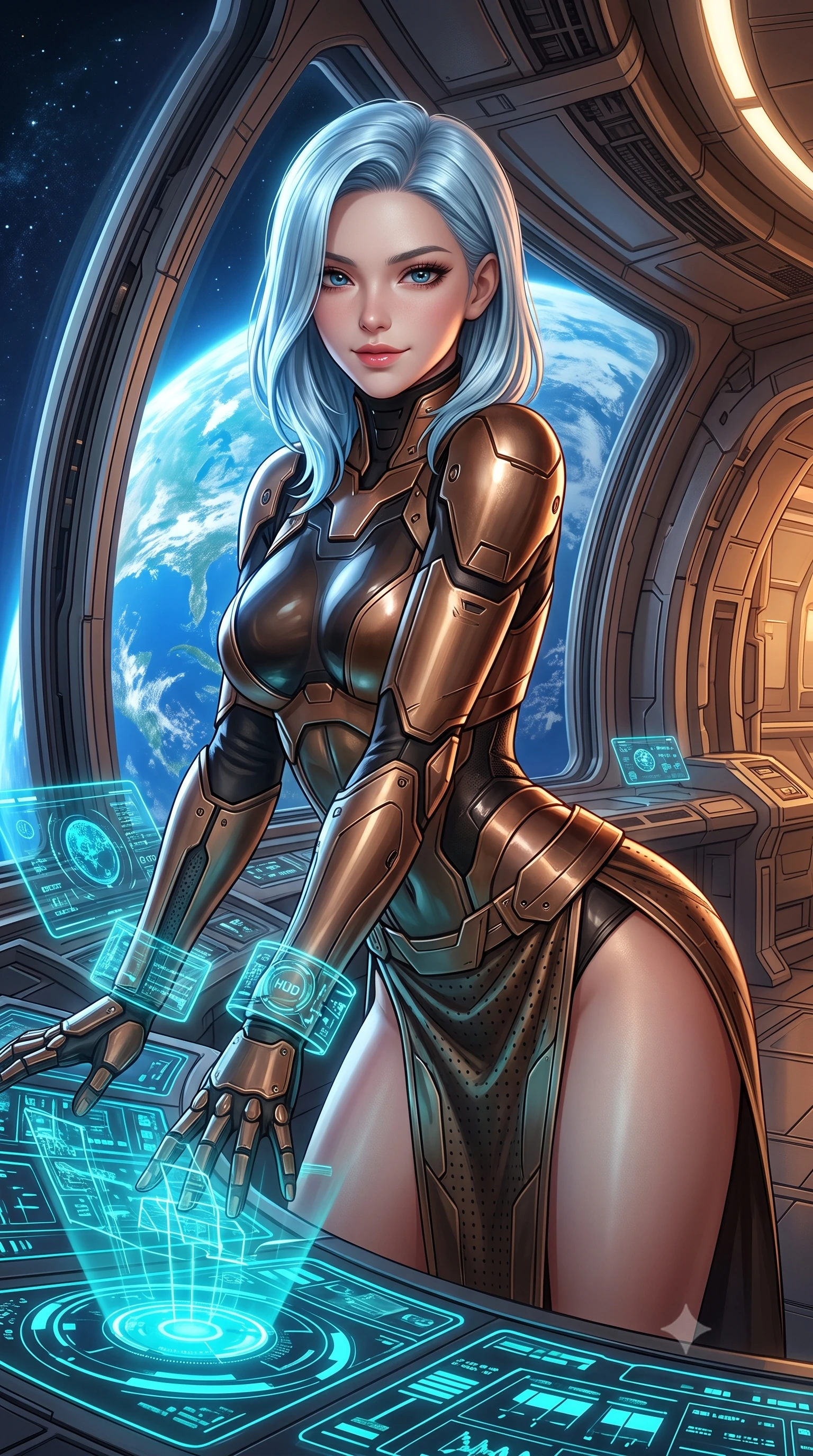 score_9, masterpiece, best quality, ultra-detailed, high-budget anime keyframe, semi-realistic 3D game render, editorial fashion photography, tasteful artistic composition, Korean woman. close-up cowboy shot from the waist and thighs up, the character dominates the composition, filling the frame with her large presence. leaning forward over the illuminated command console while arching her lower back to accentuate her curvy hips, looking into the camera with a confident smoldering smile and intense bedroom-eyes while leaning against the curved panoramic observation glass with hips cocked back, casting an alluring bedroom-gaze over the curving blue planet. The surrounding environment is rendered in vivid detail and crisp panoramic clarity: detailed combat suit drape, Earth-shine highlights on skin, and orbital station architecture in razor-sharp precision. She has an exceptionally elegant, slender, and willowy female figure with an ultra-slim waist, flat toned midriff, narrow ribcage, and sculpted feminine hips creating an alluring, slim hourglass silhouette without bulk. sharp v-shaped jawline, high-bridge nose, intricate jewel-like sparkling eyes with depth, thick eyelashes, glossy parted lips with a natural sheen, bright confident smile with an enchanting and coquettish sensual glint, exuding both youthful magnetic charm and sovereign high-tech allure, flawlessly proportioned anatomical accuracy, strict slender model proportions, natural body alignment, perfectly sculpted long slender limbs, ultra-slim waistline, clean dynamic posture without body distortion. wearing a cyber-samurai tactical suit featuring a shortened carbon chestplate and high-slit armored wrap skirt in burnished bronze alloy and smoked glass black, made of high-grade ballistic nylon with precision laser-cut perforations, featuring sleek glowing cyan HUD display wrist cuffs with floating data telemetry, the liquid-tight tailored fabric clinging flawlessly to her narrow waist and rounded feminine hips, emphasizing every millimeter of her sculpted slim hourglass curves without any bulky heaviness. illuminated by warm cabin ambient fill and crisp platinum rim lighting sculpting her razor-sharp jawline, narrow waist, and curvy hips. highly saturated vibrant anime colors, detailed shading with soft gradients, rich glossy textures, high-contrast stereoscopic depth, volumetric dynamic lighting, master piece, 9:16 ratio