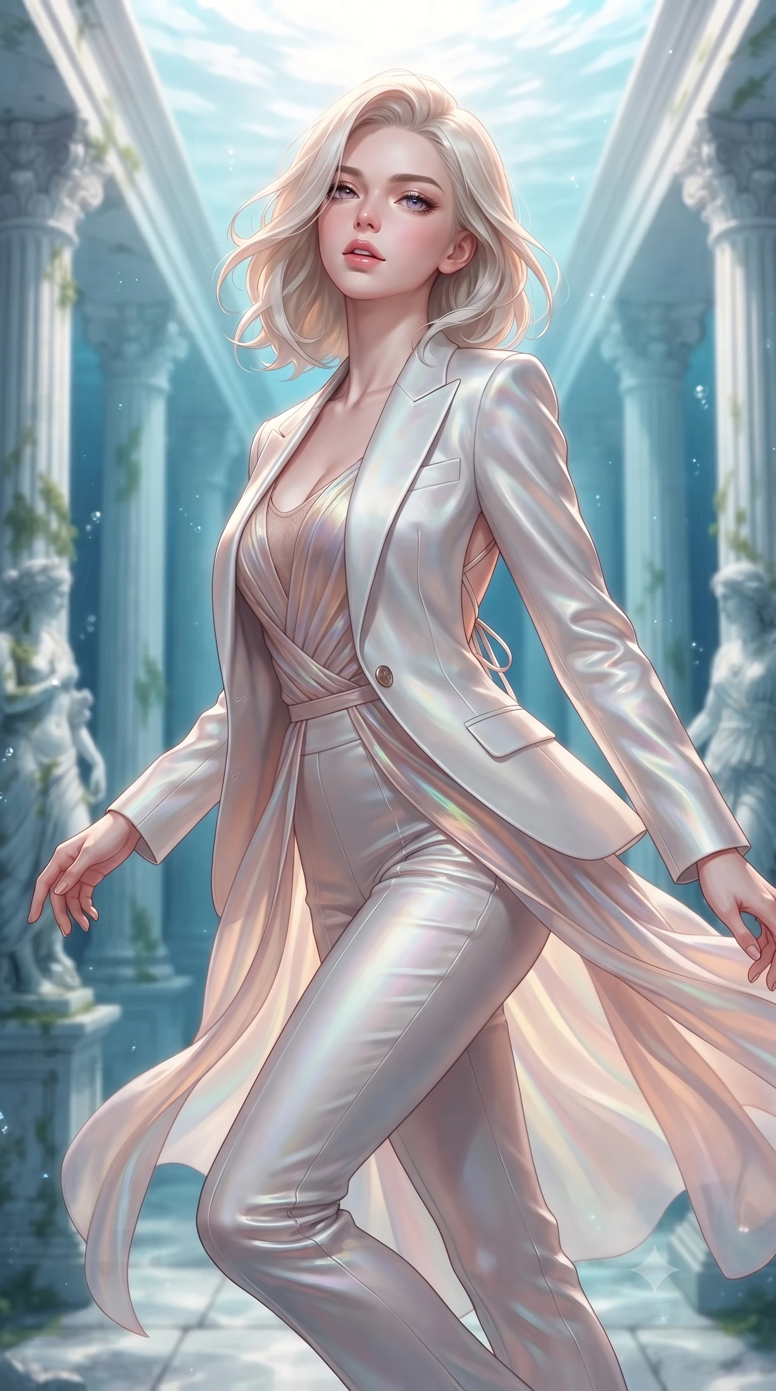 score_9, masterpiece, best quality, ultra-detailed, high-budget anime keyframe, editorial fashion photography, tasteful artistic composition, Caucasian woman. close-up cowboy shot from the waist and thighs up, the character dominates the composition, filling the frame with her large presence, background elements kept in soft focus. Tilting her chin up slightly with lips parted in a magnetic, composed expression floating gracefully through a sunken white marble colonnade underwater, gentle ocean currents swaying her attire in fluid underwater motions. She has an exceptionally elegant, slender, and willowy female figure with an ultra-slim waist, a gracefully sculpted slender torso, and a refined silhouette. sharp v-shaped jawline, high-bridge nose, intricate jewel-like eyes with depth, thick eyelashes, glossy lips with a natural sheen. wearing a tailored silk blazer over a form-contouring top and fitted slacks in pearl white and rose gold, crafted from iridescent chiffon that shifts colors in the light, complemented by criss-cross back straps highlighting her bare shoulders, the form-contouring material highlighting her ultra-slim waist and long lines. lit by clear sun-drenched sea light with soft ethereal shadows. highly saturated vibrant anime colors, detailed shading with soft gradients, rich glossy textures, high-contrast stereoscopic depth, volumetric dynamic lighting, master piece, 9:16 ratio