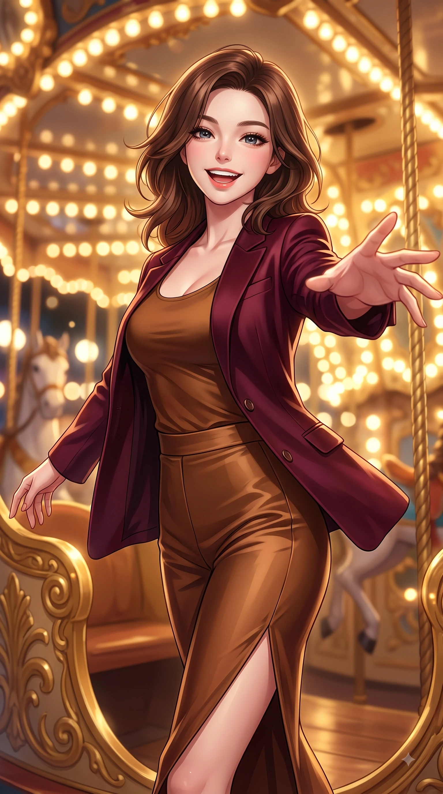 score_9, masterpiece, best quality, ultra-detailed, high-budget anime keyframe, editorial fashion photography, tasteful artistic composition, Korean woman. close-up cowboy shot from the waist and thighs up, the character dominates the composition, filling the frame with her large presence, background elements kept in soft focus. Cheerful beaming smile with parted lips, exuding pure enchanting charm while turning dynamically toward the camera while reaching one arm out playfully toward the camera while spinning on a golden carousel deck, thousands of warm vintage light bulbs casting glowing golden circles in soft bokeh. She has an exceptionally elegant, slender, and willowy female figure with an ultra-slim waist, a gracefully sculpted slender torso, and a refined silhouette. sharp v-shaped jawline, high-bridge nose, intricate jewel-like eyes with depth, thick eyelashes, glossy lips with a natural sheen, flawlessly proportioned anatomical accuracy, natural body alignment, perfectly sculpted elegant limbs, clean dynamic posture without body distortion. wearing a tailored silk blazer over a form-contouring scoop-neck top and slacks in deep burgundy and bronze, crafted from smooth liquid silk, finished with a sleek side slit ascending to mid-thigh, the glove-like fit emphasizing her statuesque silhouette during motion. surrounded by a bright, magical theme park ambiance with rich specular glow. highly saturated vibrant anime colors, detailed shading with soft gradients, rich glossy textures, high-contrast stereoscopic depth, volumetric dynamic lighting, master piece, 9:16 ratio