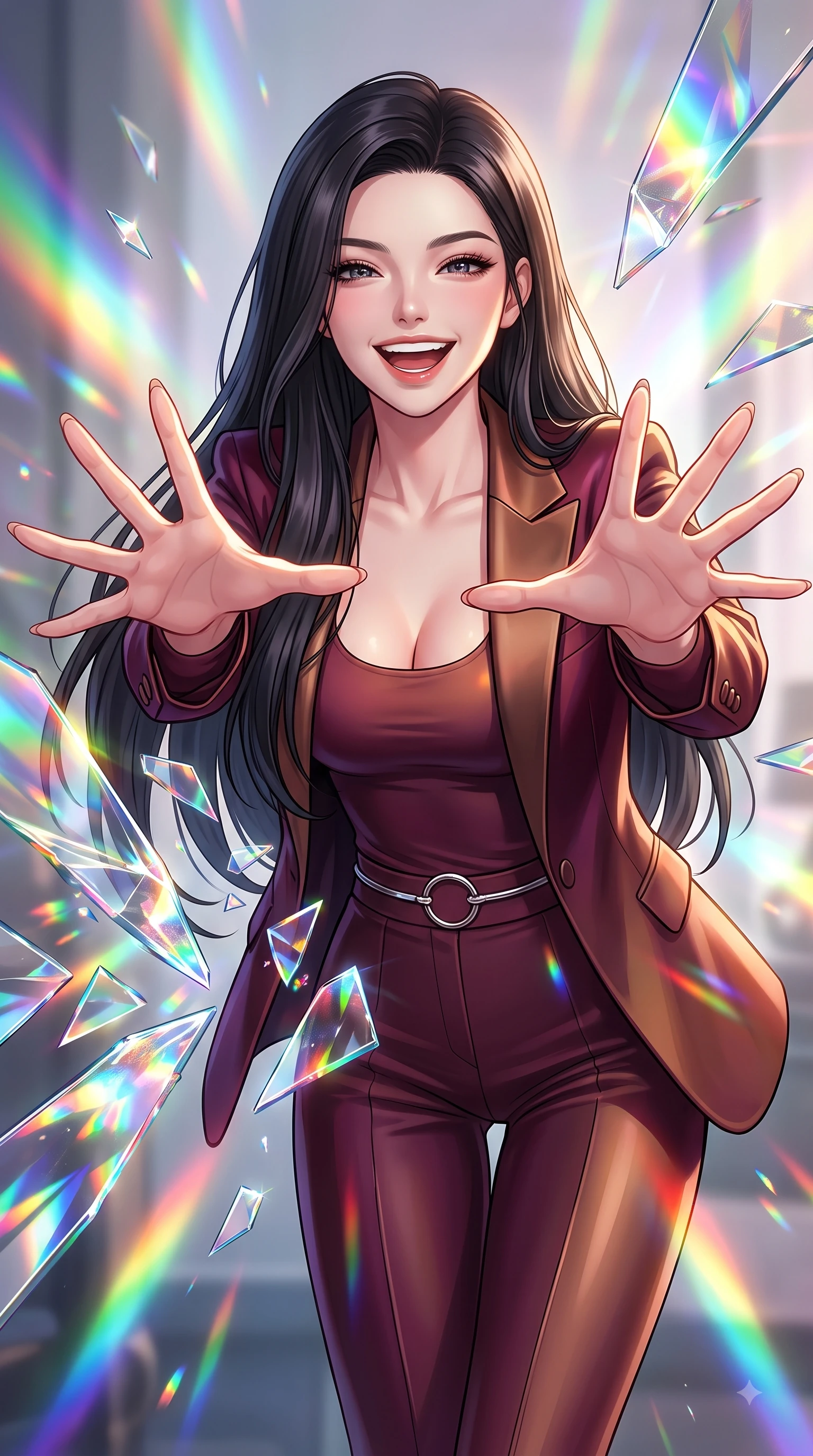 score_9, masterpiece, best quality, ultra-detailed, high-budget anime keyframe, editorial fashion photography, tasteful artistic composition, Korean woman. close-up cowboy shot from the waist and thighs up, the character dominates the composition, filling the frame with her large presence, background elements kept in soft focus. Joyful laughing expression filled with genuine happiness and warmth, leaning forward with cheerful energy while reaching her hand forward with a cheerful smile as shattered mirror prisms scatter rainbow beams, shattered mirror shards scattering brilliant rainbow reflections and happy energy everywhere. She has an exceptionally elegant, slender, and willowy female figure with an ultra-slim waist, a gracefully sculpted slender torso, and a refined silhouette. sharp v-shaped jawline, high-bridge nose, intricate jewel-like eyes with depth, thick eyelashes, glossy lips with a natural sheen, flawlessly proportioned anatomical accuracy, natural body alignment, perfectly sculpted elegant limbs, clean dynamic posture without body distortion. wearing a tailored silk blazer over a form-contouring scoop-neck top and slacks in deep burgundy and bronze, formed from sleek second-skin neoprene, accented with delicate chrome ring hardware framing her waist, the glove-like fit emphasizing her statuesque silhouette during motion. illuminated by brilliant multi-color rainbow light refracting through glass prisms. highly saturated vibrant anime colors, detailed shading with soft gradients, rich glossy textures, high-contrast stereoscopic depth, volumetric dynamic lighting, master piece, 9:16 ratio