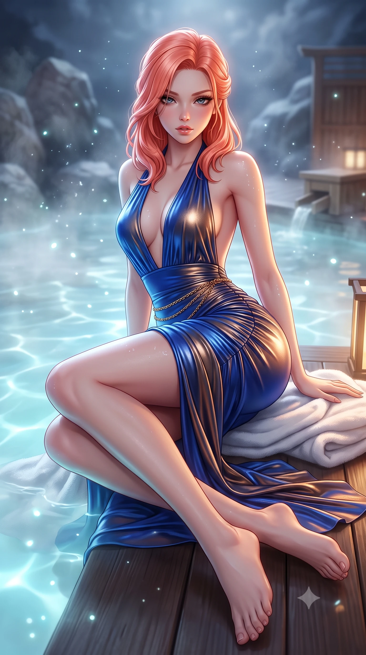 score_9, masterpiece, best quality, ultra-detailed, high-budget anime keyframe, semi-realistic 3D game render, editorial fashion photography, tasteful artistic composition, Japanese woman. low angle full-body shot from head to toe showing her feet, filling the entire 9:16 vertical frame with her statuesque presence, stretching her vertical silhouette. reclining on her side in an elegant Cleopatra pose with one knee drawn up, the dramatic contour of her rounded hips and long slender legs commanding the 9:16 vertical frame while stepping lightly out of the milky thermal water onto the heated wooden deck, wrapping a plush towel loosely around her curvy hips. The composition keeps background elements in soft focus with creamy bokeh. shimmering silica water caustics and drifting steam particles scattering ethereal glowing light motes. She has an exceptionally tall and slender model-like 8.5-heads proportion, an ultra-slim waist, a flat toned midriff, narrow delicate ribcage, and beautifully sculpted feminine hips creating a graceful, slim hourglass silhouette without any bulky heaviness, with impossibly long slender legs. sharp v-shaped jawline, high-bridge nose, intricate jewel-like eyes with depth, thick eyelashes, glossy parted lips with a natural sheen, intensely captivating and seductive bedroom-eyes expression, flawlessly proportioned anatomical accuracy, strict slender model proportions, natural body alignment, perfectly sculpted long slender limbs, ultra-slim waistline, clean dynamic posture without body distortion. wearing a plunging halter-neck metallic lamé column dress with a dramatic bare spine and hip-defining ruching in royal sapphire blue and liquid bronze, tailored from smooth liquid silk satin adhering seamlessly to her skin, accented with a delicate gold chain belt resting loosely on her curvy hips, the liquid-tight tailored fabric clinging flawlessly to her narrow waist and rounded feminine hips, emphasizing every millimeter of her sculpted slim hourglass curves without any bulky heaviness. bathed in soft underwater milky-cyan LED lagoon illumination and cool silver full-moon light from above. highly saturated vibrant anime colors, detailed shading with soft gradients, rich glossy textures, high-contrast stereoscopic depth, volumetric dynamic lighting, master piece, 9:16 ratio