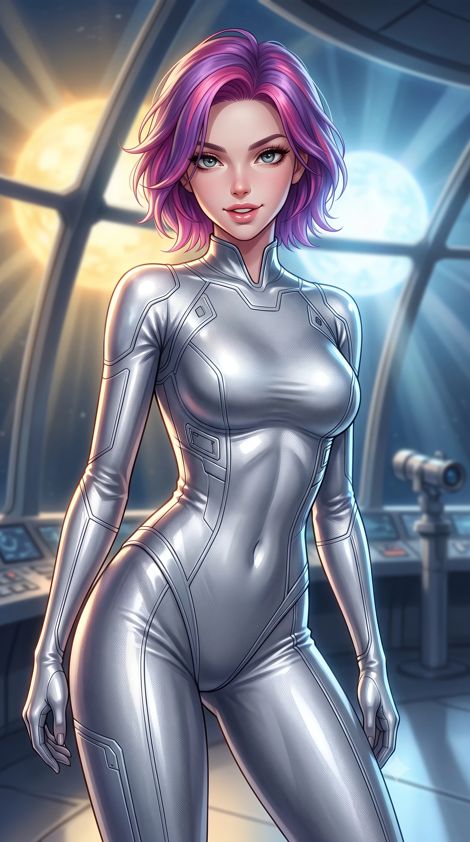 score_9, masterpiece, best quality, ultra-detailed, high-budget anime keyframe, editorial fashion photography, tasteful artistic composition, Caucasian woman. close-up cowboy shot from the waist and thighs up, the character dominates the composition, filling the frame with her large presence, background elements kept in soft focus. leaning slightly forward with a playful, teasing smile, her gaze locked onto the viewer with lips parted in a composed pose, the background shows a soft-focus an observation deck with glass panels showing a binary sun system. She has an exceptionally elegant, slender, and willowy female figure with an ultra-slim waist, a gracefully sculpted slender torso, and a refined silhouette. sharp v-shaped jawline, high-bridge nose, intricate jewel-like eyes with depth, thick eyelashes, glossy lips with a natural sheen. wearing a slim-fit form-contouring liquid silver space flight under-suit, contouring her athletic, slender build. volumetric sunbeams slicing through glass panels, creating dramatic light rays. highly saturated vibrant anime colors, detailed shading with soft gradients, rich glossy textures, high-contrast stereoscopic depth, volumetric dynamic lighting, master piece, 9:16 ratio