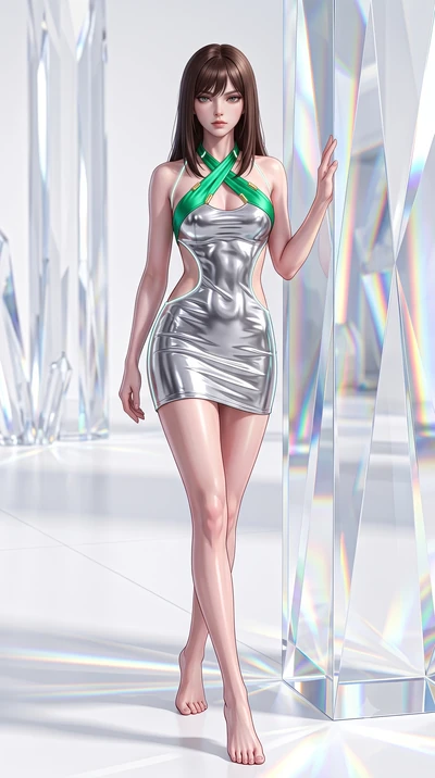 score_9, masterpiece, best quality, ultra-detailed, high-budget anime keyframe, semi-realistic 3D game render, editorial fashion photography, tasteful artistic composition, Korean woman. low angle full-body shot from head to toe showing her feet, fil