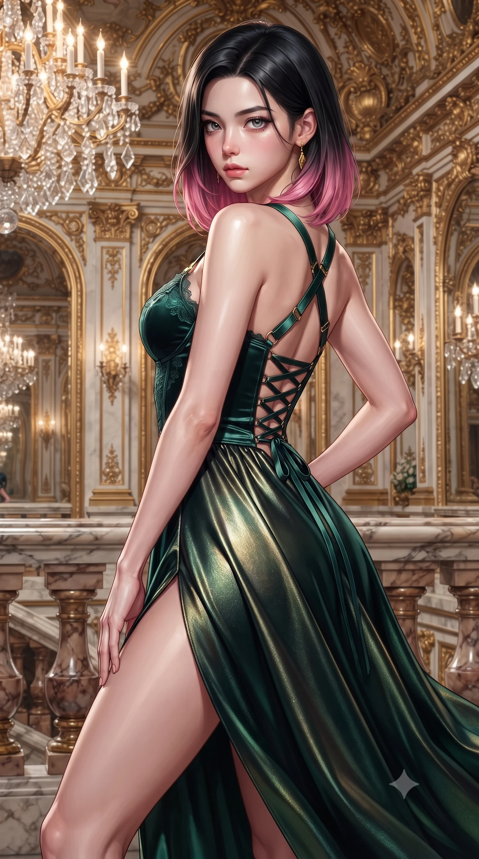score_9, masterpiece, best quality, ultra-detailed, high-budget anime keyframe, editorial fashion photography, tasteful artistic composition, Korean woman. close-up cowboy shot from the waist and thighs up, the character dominates the composition, filling the frame with her large presence. radiating intense magnetic charisma with jewel-like eyes locked onto the viewer, her upper body turning in a dynamic, fluid S-curve while arching her spine in a fluid, regal posture while casting a mesmerizing, sovereign gaze into the lens. The surrounding environment is rendered in vivid detail and crisp panoramic clarity. intricate gold-leaf rococo carvings, sparkling crystal chandelier facets, and polished marble balustrades in sharp focus. She has an exceptionally elegant, slender, and willowy female figure with an ultra-slim waist, a gracefully sculpted slender torso, toned flat midriff, and a refined slim silhouette. sharp v-shaped jawline, high-bridge nose, intricate jewel-like eyes with depth, thick eyelashes, glossy lips with a natural sheen, captivating and magnetic expression, flawlessly proportioned anatomical accuracy, strict slender model proportions, natural body alignment, perfectly sculpted long slender limbs, ultra-slim waistline, clean dynamic posture without body distortion. wearing a high-slit velvet corset dress with delicate lace-trimmed bodice and crossed back straps in deep emerald green satin and gold hardware, crafted from luxurious metallic lamé that shifts radiance with every step, featuring a criss-cross satin back lacing highlighting her graceful shoulder blades, the breezy yet form-flattering drape swaying gracefully with her steps, accentuating her long willowy limbs and slim waistline. surrounded by an aristocratic, majestic, and enchantingly sovereign high-society queen aura. ultra-reflective glossy finish, specular highlights, rich textural contrasts, high-contrast stereoscopic depth, volumetric dynamic lighting, 2k, ultra detail, master piece, 9:16 ratio