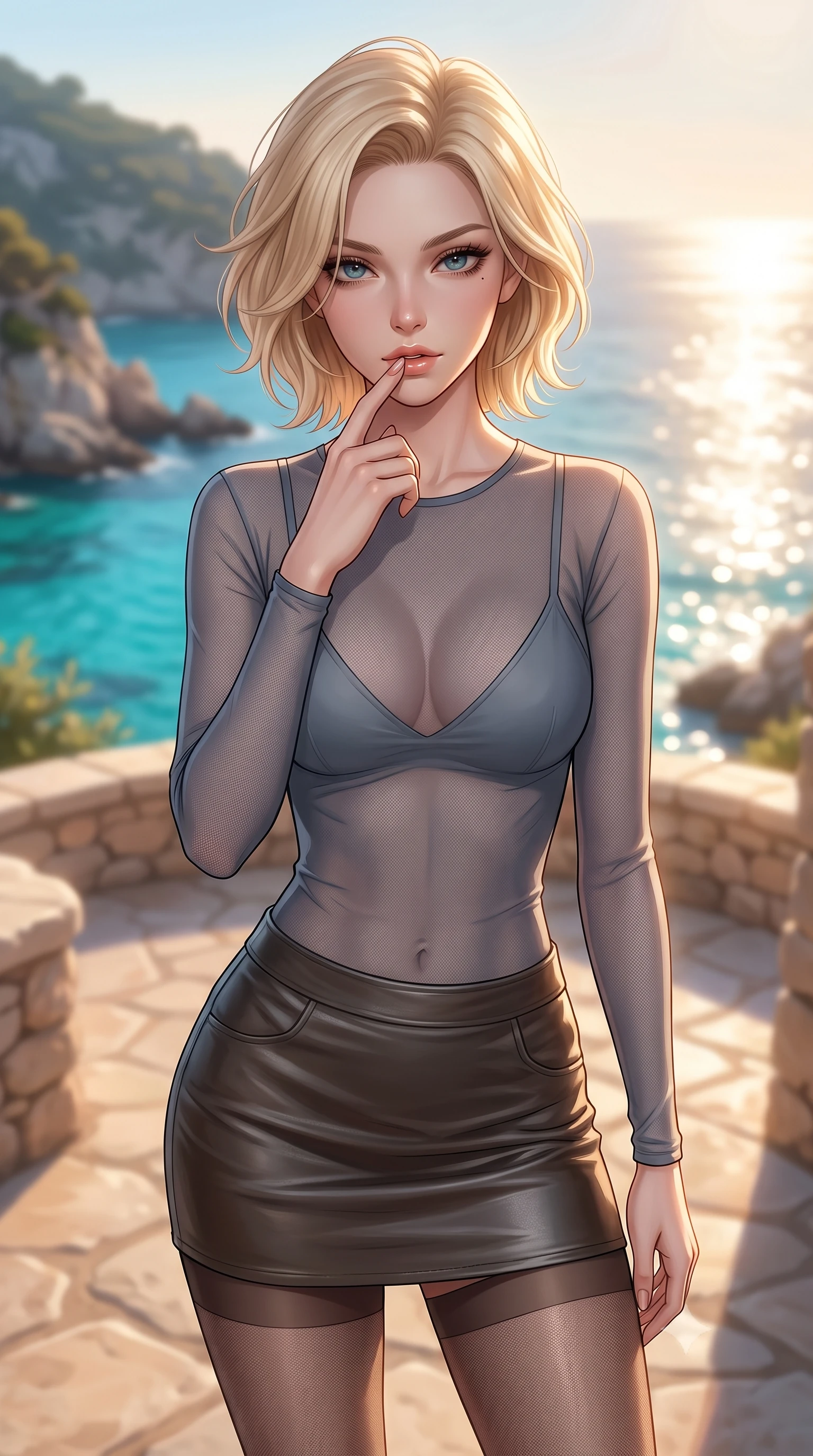 score_9, masterpiece, best quality, ultra-detailed, high-budget anime keyframe, editorial fashion photography, tasteful artistic composition, Caucasian woman woman. close-up cowboy shot from the waist and thighs up, the character dominates the composition, filling the frame with her large presence, background elements kept in soft focus. pressing one finger to her bottom lip in a thoughtful, seductive gesture under the warm sun the background shows a soft-focus a stone terrace of a coastal villa overlooking a rocky bay with turquoise water. She has an exceptionally elegant, slender, and willowy female figure with an ultra-slim waist, a gracefully sculpted slender torso, and a refined silhouette. sharp v-shaped jawline, high-bridge nose, intricate jewel-like eyes with depth, thick eyelashes, glossy lips with a natural sheen. wearing a tailored semi-transparent mesh top in slate grey, paired with a leather mini skirt and sheer stockings. warm afternoon sunbeams reflecting off the ocean surface onto the terrace. 2k, ultra detail, master piece, 9:16 ratio