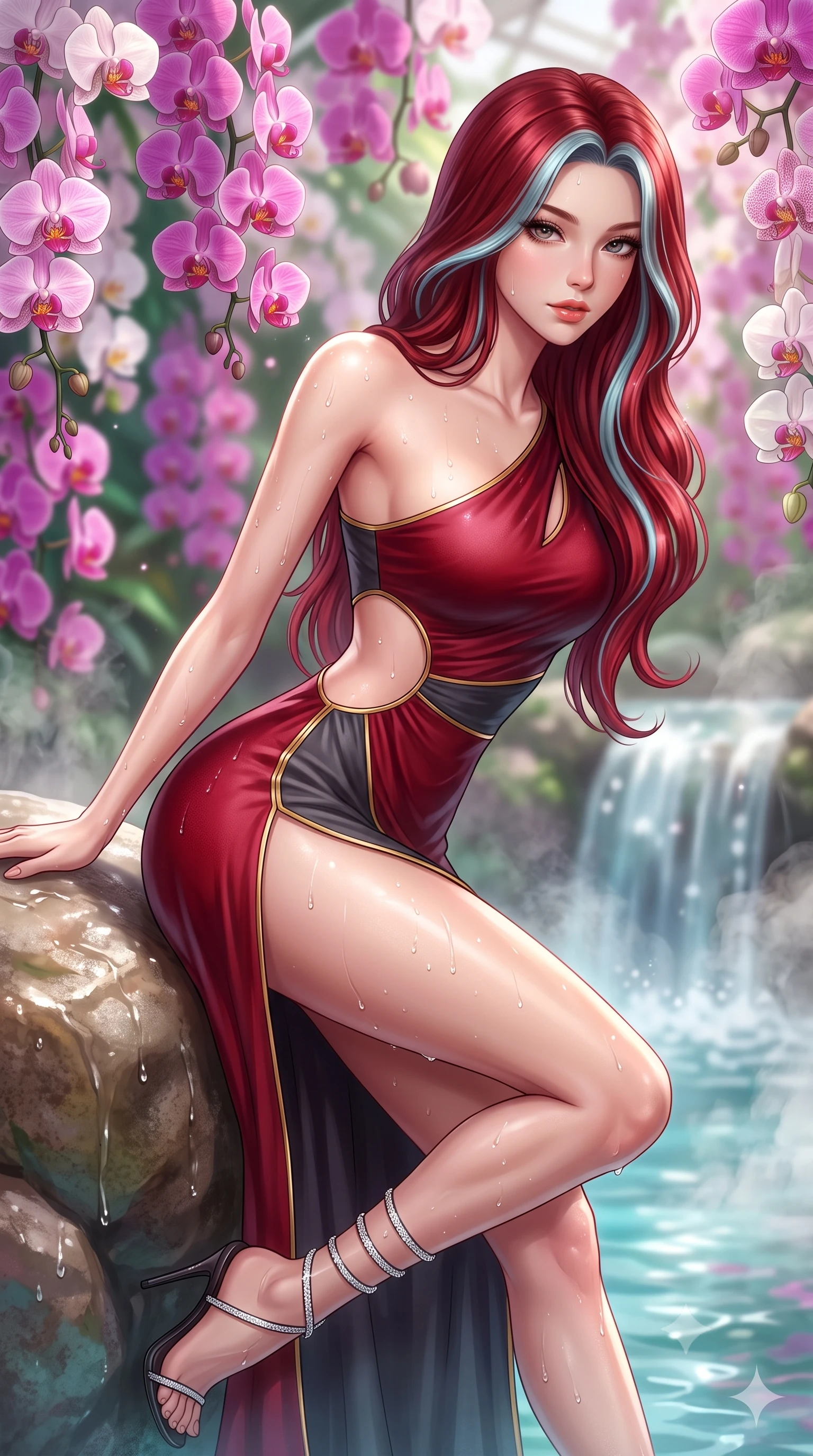 score_9, masterpiece, best quality, ultra-detailed, high-budget anime keyframe, semi-realistic 3D game render, editorial fashion photography, tasteful artistic composition, Caucasian woman. close-up cowboy shot from the waist and thighs up, the character dominates the composition, filling the frame with her large presence. leaning forward while arching her lower back to accentuate her curvy hips, looking into the camera with an intoxicating smoldering gaze and bedroom-eyes while leaning back against the smooth wet boulder with relaxed seductive grace, water droplets beading across her collarbones and limbs. The background shows a soft-focus hundreds of hanging pink, purple, and white phalaenopsis orchids, bubbling waterfalls, and rising steam blurred into magenta, emerald, and opal bokeh. She has an exceptionally elegant, slender, and willowy female figure with an ultra-slim waist, flat toned midriff, narrow ribcage, and sculpted feminine hips creating an alluring, slim hourglass silhouette without bulk. sharp v-shaped jawline, high-bridge nose, sparkling eyes with hypnotic seductive depth, thick curled eyelashes, glossy parted lips with a natural dewy peach sheen, alluring bedroom-eyes with an enchanting coquettish smile, exuding magnetic siren charisma and sophisticated glamour, flawlessly proportioned anatomical accuracy, strict slender model proportions, natural body alignment, perfectly sculpted long slender limbs, ultra-slim waistline, clean dynamic posture without body distortion. wearing an asymmetric one-shoulder liquid jersey nymph dress with dramatic hip-high slit and waist cutout in rich cherry lacquer and smoky charcoal with gold piping, tailored from fine breathable linen with soft natural texture and elegant drape, complemented by strappy stiletto sandals with crystal ankle wraps accentuating her slender calves, the glove-like clinging cut tightly following the natural contour of her hips and long slender legs with youthful 8.5-heads elegance. bathed in diffused tropical greenhouse sunlight mixed with pool water caustic bounce. highly saturated vibrant anime colors, detailed shading with soft gradients, rich glossy textures, high-contrast stereoscopic depth, volumetric dynamic lighting, master piece, 9:16 ratio