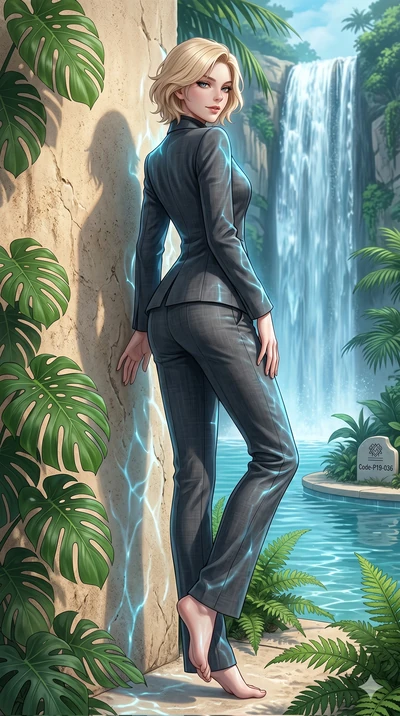 score_9, masterpiece, best quality, ultra-detailed, high-budget anime keyframe, editorial fashion photography, tasteful artistic composition, Caucasian woman, strictly human ears. low angle full-body shot from head to toe showing her feet, filling th