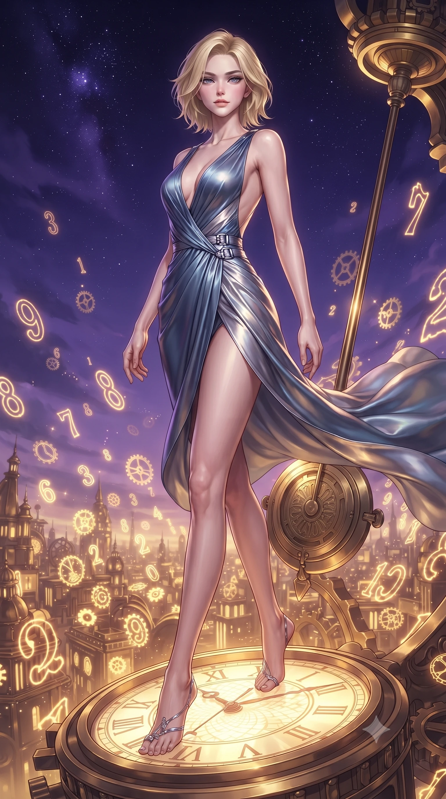 score_9, masterpiece, best quality, ultra-detailed, high-budget anime keyframe, editorial fashion photography, tasteful artistic composition, Caucasian woman. low angle full-body shot from head to toe showing her feet, filling the entire 9:16 vertical frame with her statuesque presence, stretching her vertical silhouette. forging dynamically through the scene, her vertical silhouette beautifully stretched poised on a massive mechanical clock pendulum swinging over a golden city, glowing neon clock numbers floating in the air with vintage elegancy. She has an absolutely perfect, statuesque 8.5-heads proportion, an exceptionally tall and slender model-like female figure with impossibly long slender legs and an ultra-slim waist. sharp v-shaped jawline, high-bridge nose, intricate jewel-like eyes with depth, thick eyelashes, glossy lips with a natural sheen. wearing a translucent iridescent chiffon gown with a plunging neckline and open back in slate blue and metallic silver, crafted from lustrous satin jersey with fluid draping, detailed with polished silver buckles along the waistline, the elegant draped fit framing her graceful clavicle and slender torso. lit by a contrast of deep violet sky and radiant golden mechanical light. ultra-reflective glossy finish, specular highlights, metallic sheen, high-contrast stereoscopic depth, volumetric dynamic lighting, 2k, ultra detail, master piece, 9:16 ratio