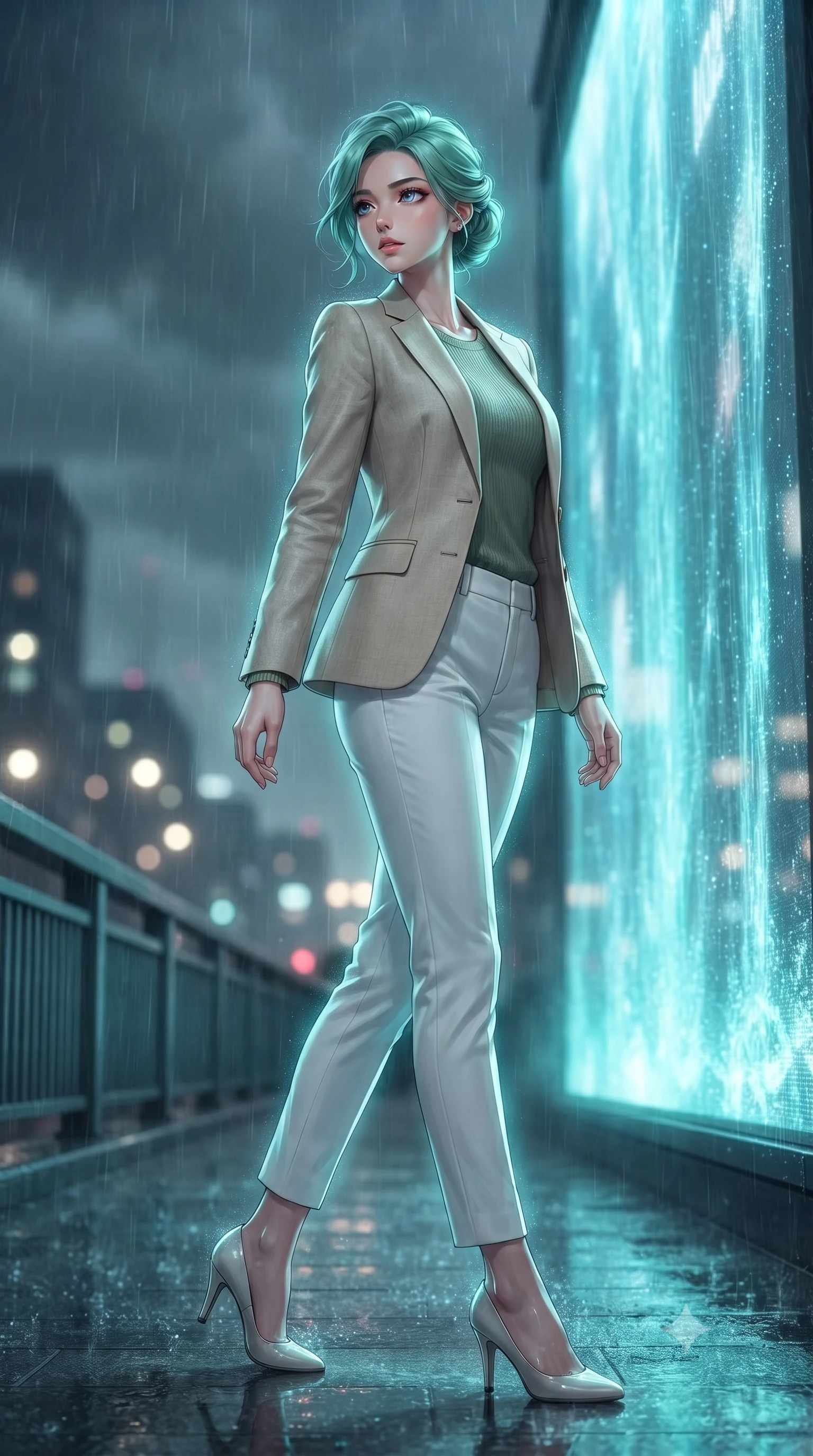 score_9, masterpiece, best quality, ultra-detailed, high-budget anime keyframe, editorial fashion photography, tasteful artistic composition, Japanese woman. low angle full-body shot from head to toe showing her feet, filling the entire 9:16 vertical frame with her statuesque presence, stretching her vertical silhouette. stepping gracefully while looking back over her shoulder, her dress draped tightly to reveal her silhouette the background shows a soft-focus a rain-swept bridge overlook facing a massive holographic waterfall advertisement. She has an absolutely perfect, statuesque 8.5-heads proportion, an exceptionally tall and slender model-like female figure with impossibly long slender legs and an ultra-slim waist. sharp v-shaped jawline, high-bridge nose, intricate jewel-like eyes with depth, thick eyelashes, glossy lips with a natural sheen. wearing a slim-fit tailored beige linen blazer over a sage green knit top and white trousers. shimmering turquoise light wrapping her silhouette in a cool glowing wash. ultra-reflective glossy finish, specular highlights, metallic sheen, high-contrast stereoscopic depth, volumetric dynamic lighting, 2k, ultra detail, master piece, 9:16 ratio