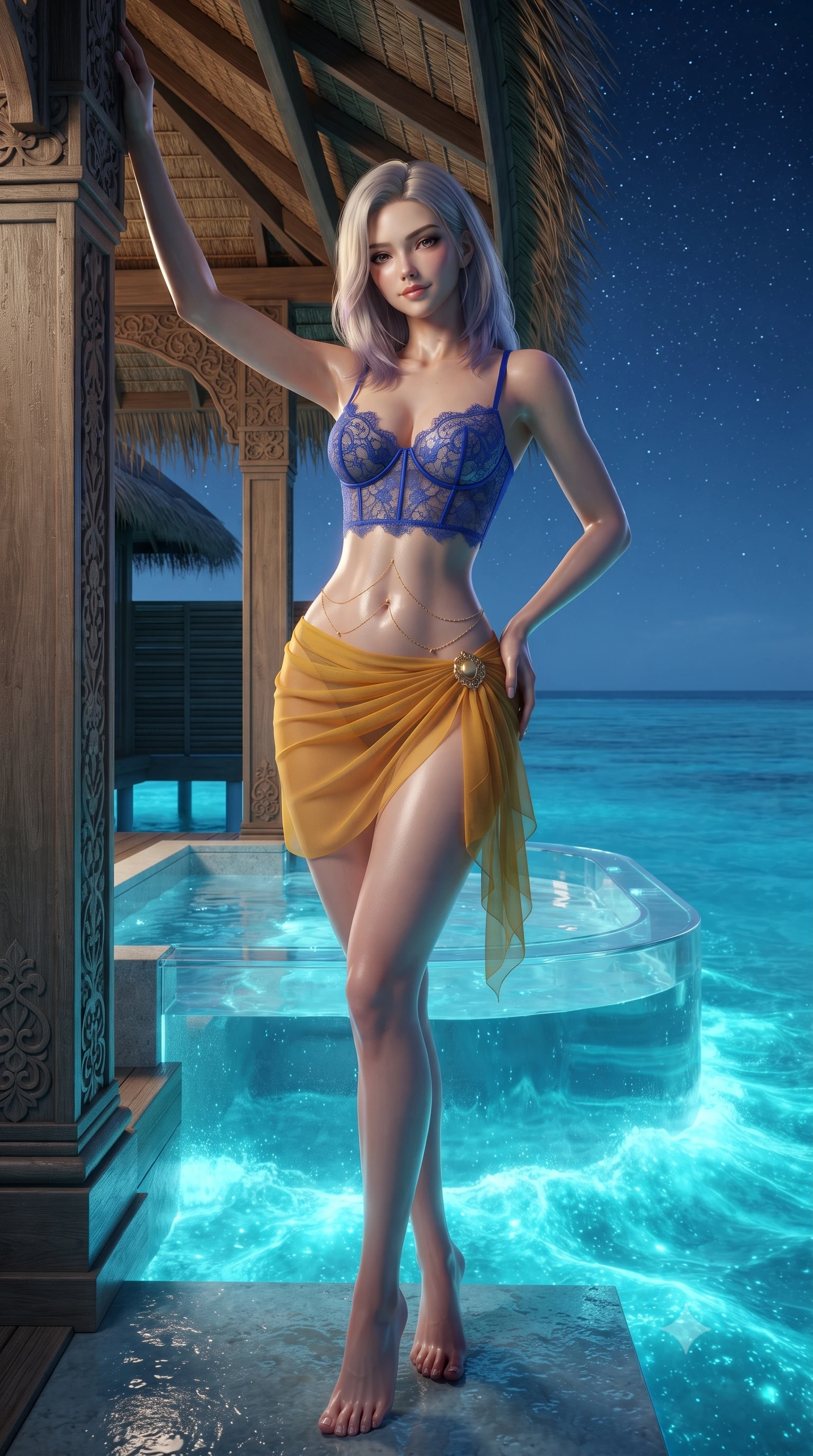 score_9, masterpiece, best quality, ultra-detailed, high-budget anime keyframe, editorial fashion photography, tasteful artistic composition, Caucasian woman. low angle full-body shot from head to toe showing her feet, filling the entire 9:16 vertical frame with her statuesque presence, stretching her vertical silhouette. standing tall beside the architectural column, one hand resting high while arching her lower back to emphasize her sculpted feminine hips and slender waist while sitting poised inside the clear acrylic jacuzzi suspended over the glowing turquoise lagoon, arching her spine with wet-look siren grace as neon-cyan plankton waves wash beneath. The surrounding environment is rendered in vivid detail and crisp panoramic clarity: detailed wet-look liquid vinyl monokini cling, gold waist chain shine, and Maldivian architectural craft in razor-sharp precision. She has an absolutely perfect, statuesque 8.5-heads proportion, an exceptionally tall and slender model-like female figure with impossibly long slender legs, an ultra-slim waist, a flat toned midriff, narrow delicate ribcage, and beautifully sculpted feminine hips creating a graceful, slim hourglass silhouette without any bulky heaviness. sharp v-shaped jawline, high-bridge nose, sparkling eyes with hypnotic seductive depth, thick curled eyelashes, glossy parted lips with a natural dewy peach sheen, alluring bedroom-eyes with an enchanting coquettish smile, exuding magnetic siren charisma and sophisticated glamour, flawlessly proportioned anatomical accuracy, strict slender model proportions, natural body alignment, perfectly sculpted long slender limbs, ultra-slim waistline, clean dynamic posture without body distortion. wearing a delicate French lace underwire bustier paired with a draped sheer chiffon wrap mini skirt and gold hip brooch in Marrakesh cobalt majorelle blue and saffron gold, woven from buttery-soft stretch lambskin leather adhering to her body like a second skin, accented with a dainty gold belly chain resting across her flat midriff and curving hips, the liquid-tight tailored fabric clinging flawlessly to her narrow waist and rounded feminine hips, emphasizing every millimeter of her sculpted slim hourglass curves without any bulky heaviness. bathed in supernatural glowing neon-cyan light radiating upward from bioluminescent lagoon waters mixed with celestial starlight. ultra-reflective glossy finish, specular highlights, rich textural contrasts, high-contrast stereoscopic depth, volumetric dynamic lighting, 2k, ultra detail, master piece, 9:16 ratio