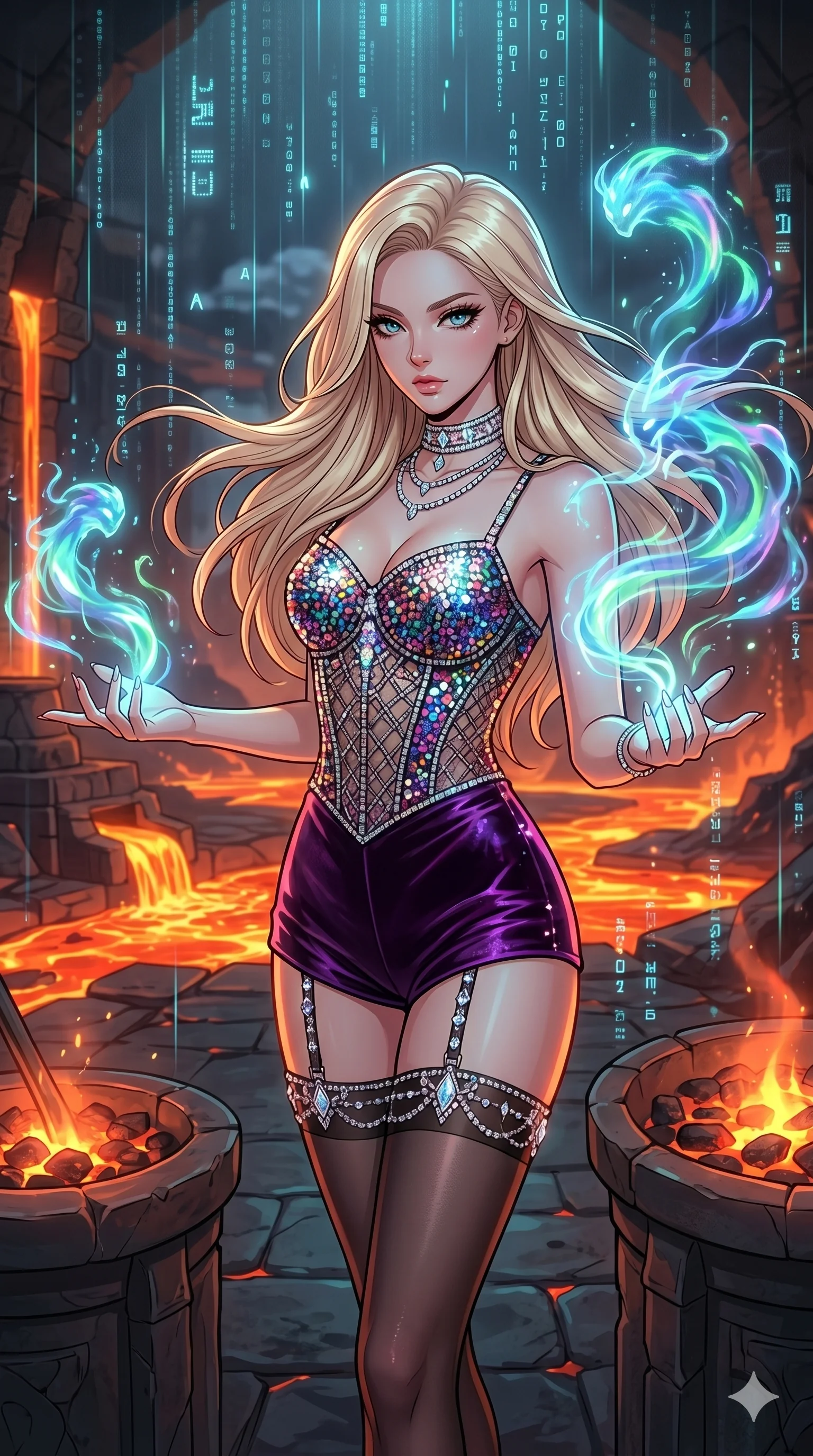 score_9, masterpiece, best quality, ultra-detailed, high-budget anime movie keyframe, cinematic anime lighting, intricate line art, Korean woman. Medium shot of upper body capturing the intricate details of her high-fashion attire. summoning mystical spirits in a volcanic lava forge with holographic rain. She has an absolutely perfect 8-heads proportion, an exceptionally tall and slender female figure with an ultra-slim waist and impossibly long slender legs. sharp v-shaped jawline, high-bridge nose, intricate jewel-like eyes, thick eyelashes, glossy lips. Wearing luxurious K-pop idol stage outfit featuring a sparkling sequined corset, high-cut velvet shorts, and sheer silk stockings with garter belts, accessorized with crystal chokers. The scene is illuminated by dramatic atmospheric lighting and vibrant color palettes. , 2k, ultra detail, master piece, 9:16 ratio