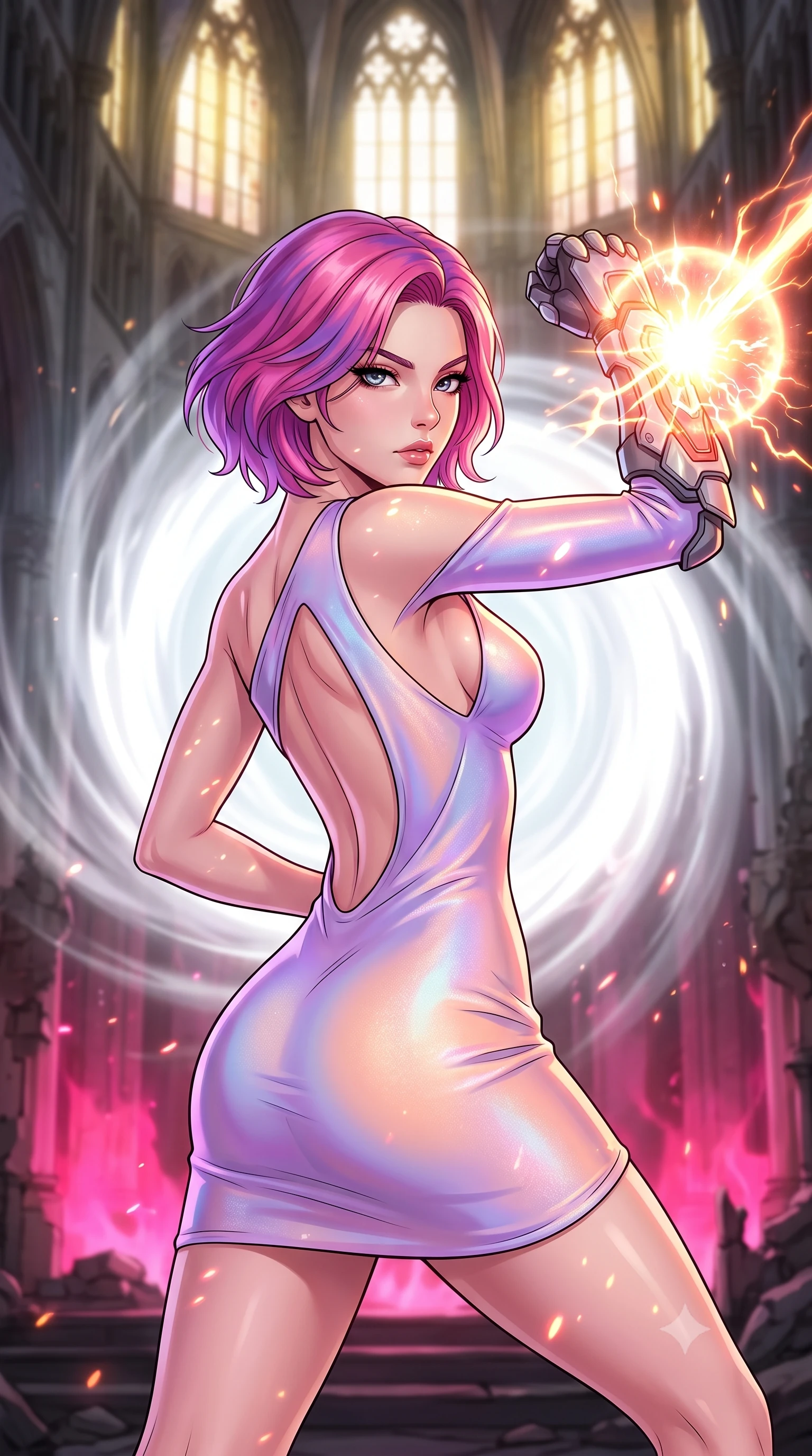 score_9, masterpiece, best quality, ultra-detailed, high-budget anime keyframe, clean line-art, cel-shading, Caucasian woman, strictly human ears. close-up cowboy shot from the waist and thighs up, the character dominates the composition, filling the frame with her large presence, background elements kept in soft focus. Deflecting an incoming plasma strike with her armored gauntlet in a powerful defensive stance. set against a soft-focus background of a crumbling gothic cathedral where a massive swirling portal of white light has opened before the altar, wind blowing inward. She has an exceptionally elegant and slender, willowy female figure with an ultra-slim waist, a gracefully sculpted slender torso, and a refined slim physique. sharp v-shaped jawline, high-bridge nose, intricate jewel-like eyes with depth, thick eyelashes, glossy lips with a natural sheen. wearing catching and diffusing the glowing particles, shimmering softly in response to the surrounding light, a form-contouring one-shoulder mini dress in a holographic lavender-to-peach colorway, with a dramatically scooped open back. dramatic contrast of hot pink furnace glow from below and cool golden light from above. highly saturated vibrant anime colors, intense vivid color palette, volumetric dynamic lighting, 2k, ultra detail, master piece, 9:16 ratio