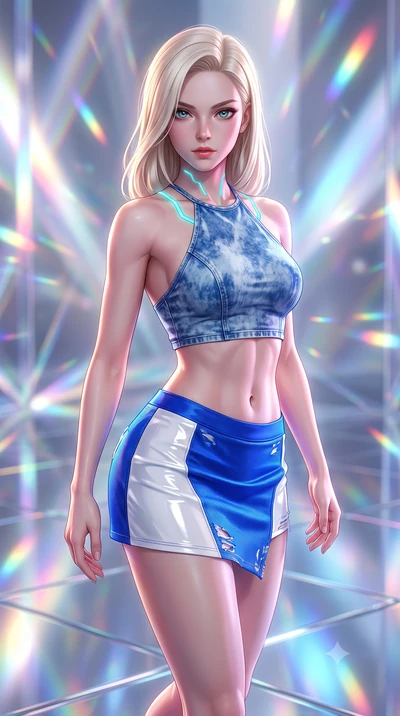 score_9, masterpiece, best quality, ultra-detailed, high-budget anime keyframe, semi-realistic 3D game render, editorial fashion photography, tasteful artistic composition, Caucasian woman. close-up cowboy shot from the waist and thighs up, the chara