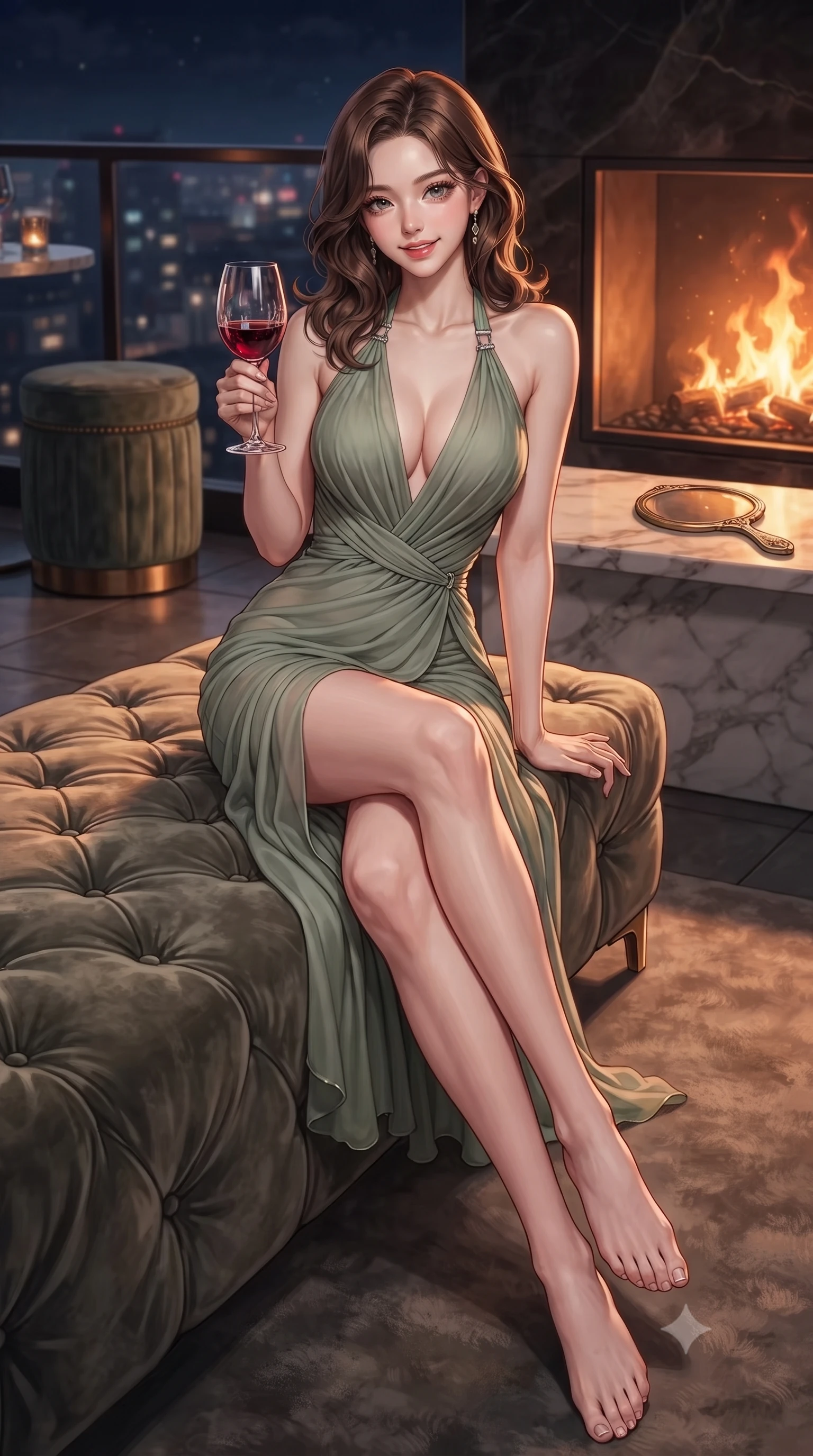 score_9, masterpiece, best quality, ultra-detailed, high-budget anime keyframe, editorial fashion photography, tasteful artistic composition, Korean woman. low angle full-body shot from head to toe showing her feet, filling the entire 9:16 vertical frame with her statuesque presence, stretching her vertical silhouette. sitting on a plush velvet sofa with her long slender legs crossed elegantly, gesturing cutely with a wine glass set against a soft-focus background of inside an exclusive rooftop terrace with a velvet-wrapped stool and an antique hand mirror resting on a marble counter. She has an absolutely perfect, statuesque 8.5-heads proportion, an exceptionally tall and slender model-like female figure with impossibly long slender legs and an ultra-slim waist. sharp v-shaped jawline, high-bridge nose, intricate jewel-like eyes with depth, thick eyelashes, glossy lips with a natural sheen. wearing slim-fit sage green semi-opaque chiffon form-contouring cashmere halter dress tracing her statuesque physique accented with delicate silver hardware. bathed in cozy, flickering fireplace light that paints the room in a warm orange wash. highly saturated vibrant anime colors, detailed shading with soft gradients, rich glossy textures, high-contrast stereoscopic depth, volumetric dynamic lighting, master piece, 9:16 ratio