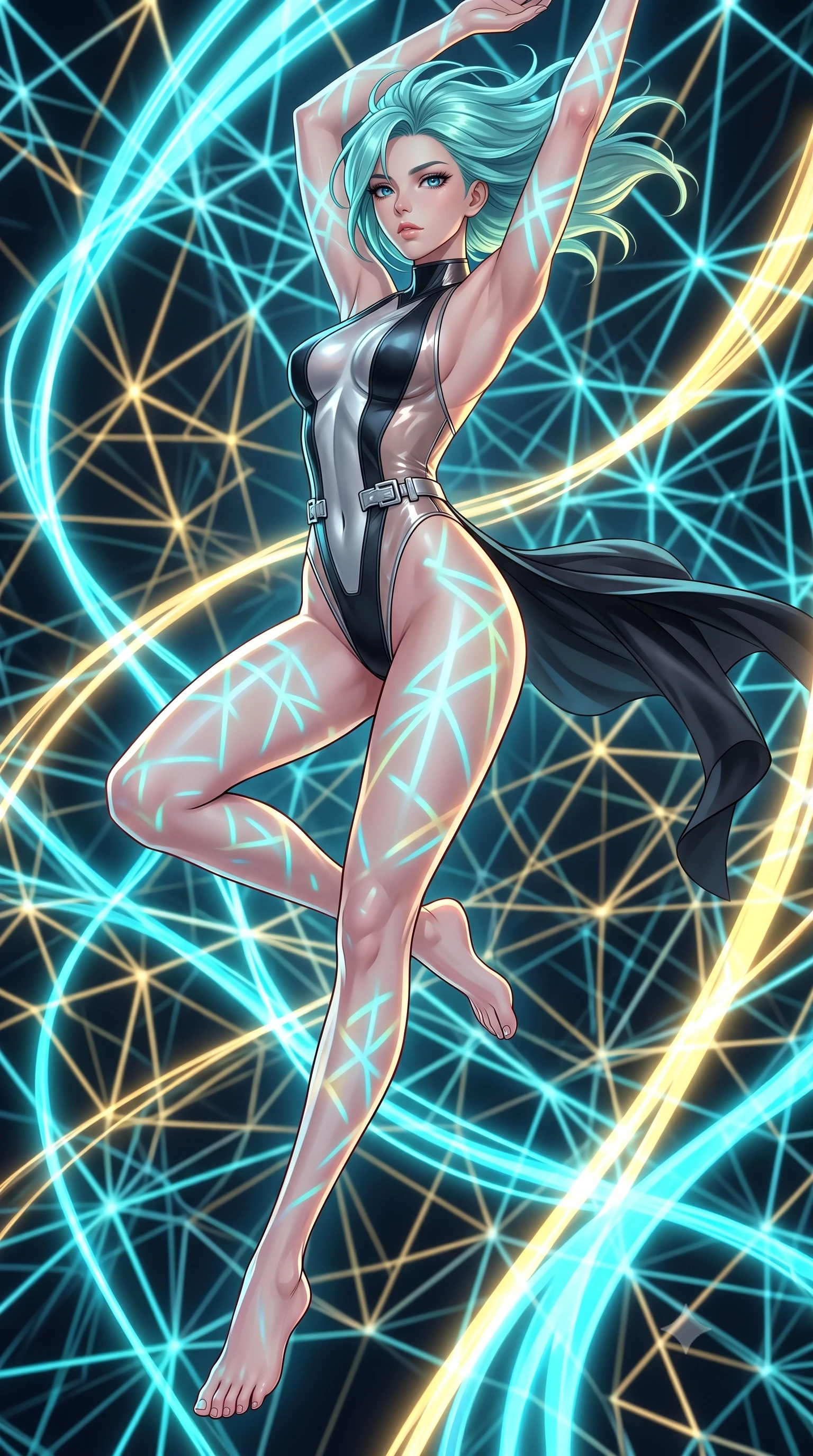 score_9, masterpiece, best quality, ultra-detailed, high-budget anime keyframe, editorial fashion photography, tasteful artistic composition, Japanese woman. low angle full-body shot from head to toe showing her feet, filling the entire 9:16 vertical frame with her statuesque presence, stretching her vertical silhouette. performing an athletic mid-air rotation with flawless poise, her vertical silhouette beautifully stretched while pivoting her torso in an S-curve alignment inside a 3D fiber-optic loom void, intricate geometric lattice patterns of light projected onto her skin. She has an absolutely perfect, statuesque 8.5-heads proportion, an exceptionally tall and slender model-like female figure with impossibly long slender legs and an ultra-slim waist. sharp v-shaped jawline, high-bridge nose, intricate jewel-like eyes with depth, thick eyelashes, glossy lips with a natural sheen, flawlessly proportioned anatomical accuracy, natural body alignment, perfectly sculpted elegant limbs, clean dynamic posture without body distortion. wearing a high-cut translucent vinyl leotard with front paneling and open back in matte black and polished silver, crafted from lustrous satin jersey with fluid draping, detailed with polished silver buckles along the waistline, the glove-like fit emphasizing her statuesque silhouette during motion. illuminated by the brilliant glow of cyan and gold luminescent plasma ribbons. highly saturated vibrant anime colors, detailed shading with soft gradients, rich glossy textures, high-contrast stereoscopic depth, volumetric dynamic lighting, master piece, 9:16 ratio