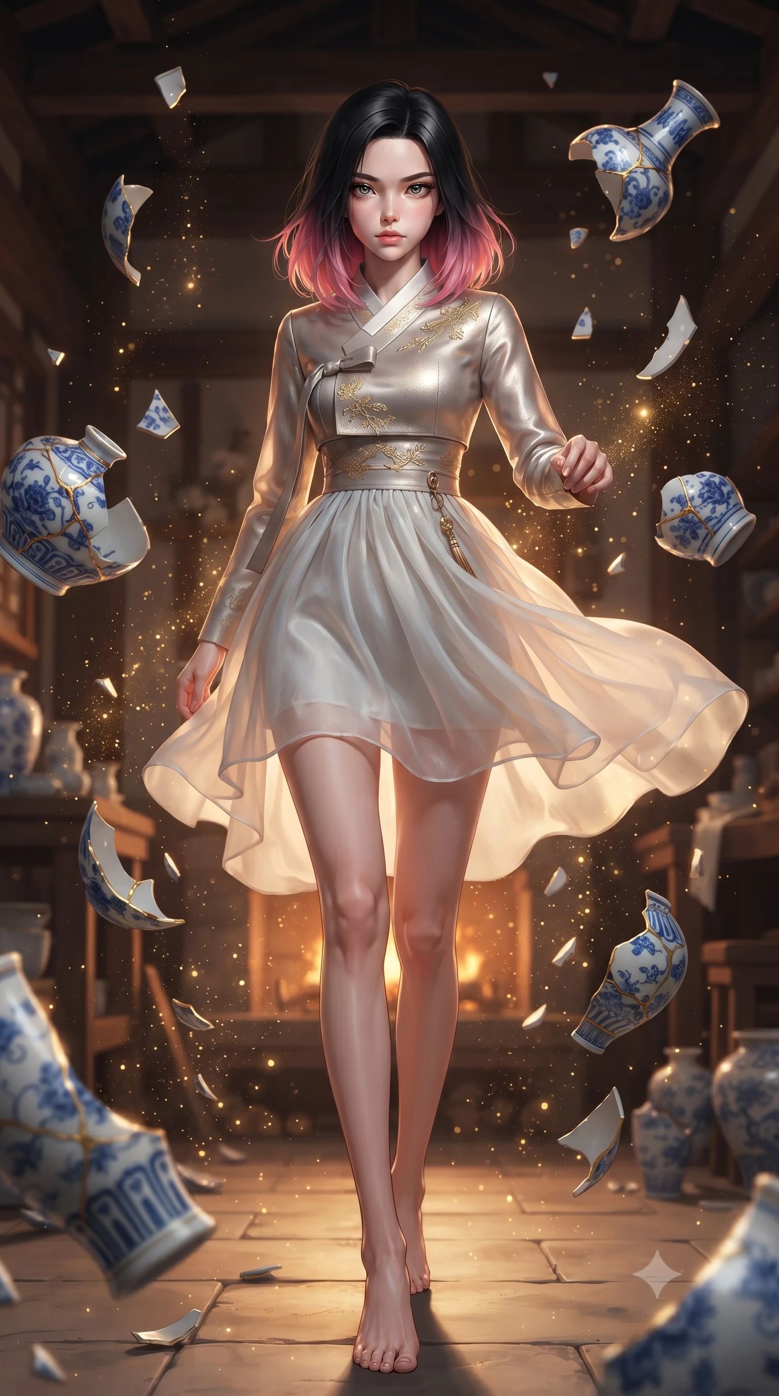 score_9, masterpiece, best quality, ultra-detailed, high-budget anime keyframe, editorial fashion photography, tasteful artistic composition, Korean woman. low angle full-body shot from head to toe showing her feet, filling the entire 9:16 vertical frame with her statuesque presence, stretching her vertical silhouette. forging dynamically through the scene, her vertical silhouette beautifully stretched poised amidst suspended blue-and-white porcelain vase fragments with gold seams, floating golden dust motes sparkling in the warm workshop air. She has an absolutely perfect, statuesque 8.5-heads proportion, an exceptionally tall and slender model-like female figure with impossibly long slender legs and an ultra-slim waist. sharp v-shaped jawline, high-bridge nose, intricate jewel-like eyes with depth, thick eyelashes, glossy lips with a natural sheen. wearing a modern fusion silk hanbok dress with a structured bodice and flowing chiffon skirt, the glove-like fit emphasizing her statuesque silhouette. lit by soft warm hearth light with sharp gold specular highlights. ultra-reflective glossy finish, specular highlights, metallic sheen, high-contrast stereoscopic depth, volumetric dynamic lighting, 2k, ultra detail, master piece, 9:16 ratio