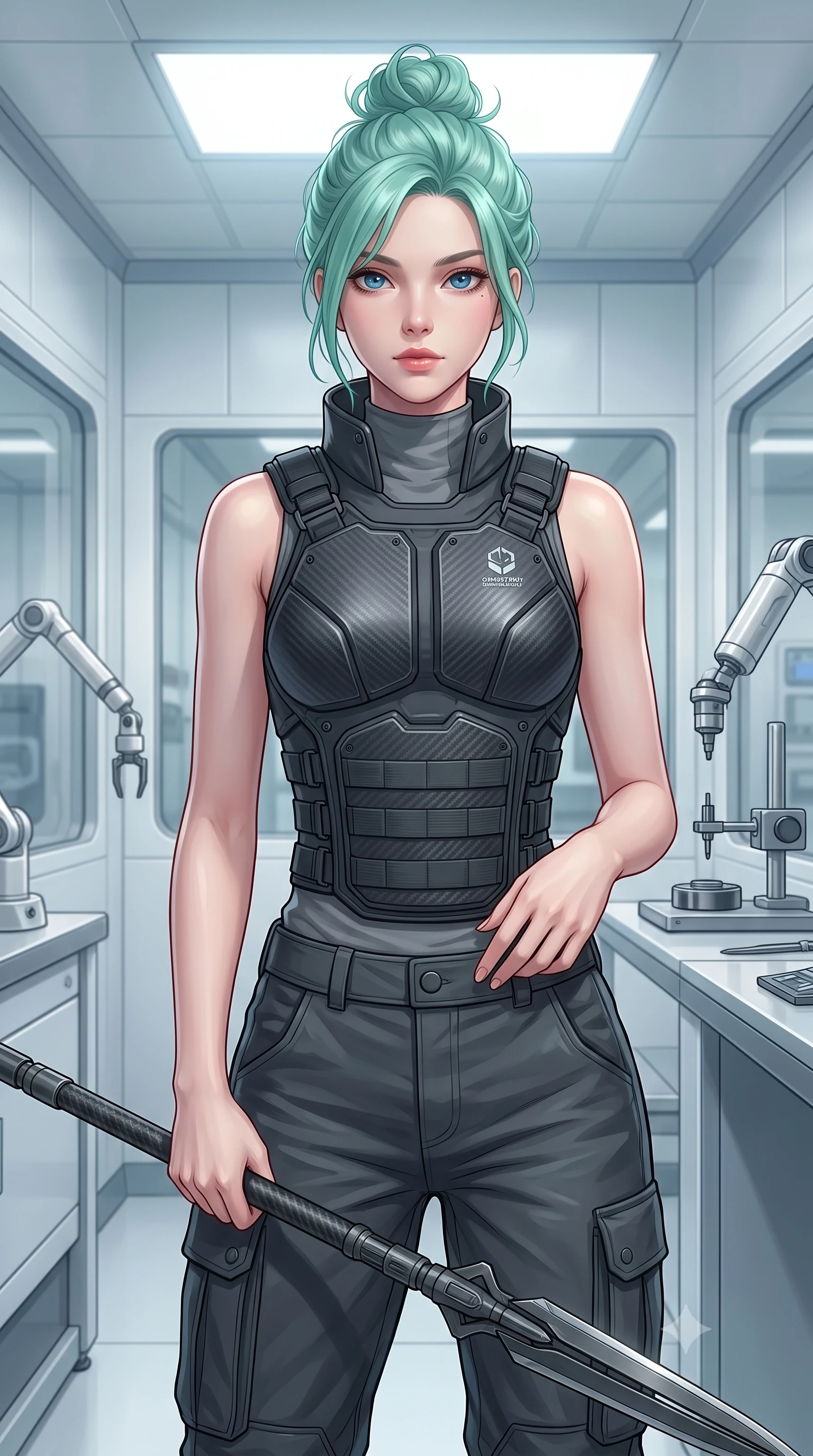 score_9, masterpiece, best quality, ultra-detailed, high-budget anime keyframe, editorial fashion photography, tasteful artistic composition, Japanese woman. close-up cowboy shot from the waist and thighs up, the character dominates the composition, filling the frame with her large presence, background elements kept in soft focus. holding a deactivated nanotech glaive, looking past the camera with quiet, sharp focus and a composed expression, the background shows a soft-focus a nanotech cleanroom with clean composite panels, glass windows, and tools. She has an exceptionally elegant, slender, and willowy female figure with an ultra-slim waist, a gracefully sculpted slender torso, and a refined silhouette. sharp v-shaped jawline, high-bridge nose, intricate jewel-like eyes with depth, thick eyelashes, glossy lips with a natural sheen. wearing a tailored tailored high-collar carbon-plated tactical vest worn over a high-neck protective utility undershirt and reinforced cargo pants. crisp, highly-diffused daylight creating a high-key clean glow in the space. highly saturated vibrant anime colors, detailed shading with soft gradients, rich glossy textures, high-contrast stereoscopic depth, volumetric dynamic lighting, master piece, 9:16 ratio