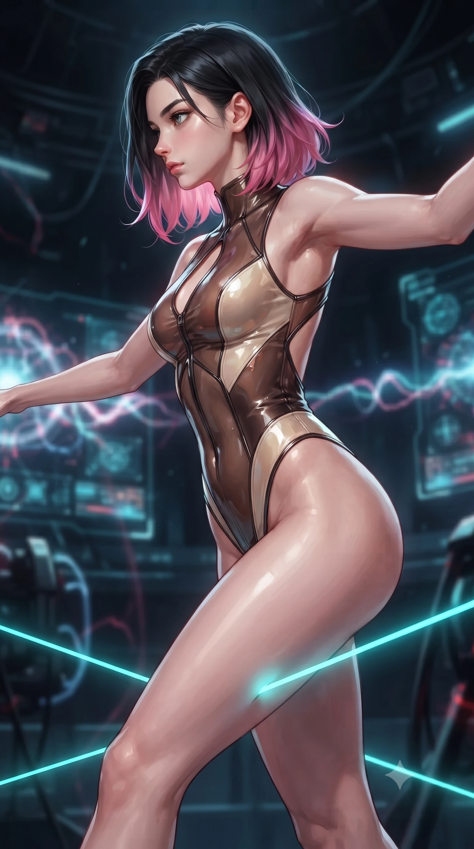 score_9, masterpiece, best quality, ultra-detailed, high-budget anime keyframe, editorial fashion photography, tasteful artistic composition, Korean woman. close-up cowboy shot from the waist and thighs up, the character dominates the composition, filling the frame with her large presence, background elements kept in soft focus. Turning her face in sharp profile while her upper body leans forward with poised athletic grace while balancing dynamically on a high-tension cyan laser wire in a dark cybernetic arena, glowing plasma arcs pulsating rhythmically in the background atmosphere. She has an exceptionally elegant, slender, and willowy female figure with an ultra-slim waist, a gracefully sculpted slender torso, and a refined silhouette. sharp v-shaped jawline, high-bridge nose, intricate jewel-like eyes with depth, thick eyelashes, glossy lips with a natural sheen, flawlessly proportioned anatomical accuracy, natural body alignment, perfectly sculpted elegant limbs, clean dynamic posture without body distortion. wearing a high-cut translucent vinyl leotard with front paneling and open back in espresso brown and warm cream, formed from sleek second-skin neoprene, accented with a Tasteful chest slit framing her clavicle gracefully, the elegant draped fit framing her graceful clavicle and slender torso. illuminated by radiant holographic displays and intense laser beam highlights. ultra-reflective glossy finish, specular highlights, metallic sheen, high-contrast stereoscopic depth, volumetric dynamic lighting, 2k, ultra detail, master piece, 9:16 ratio