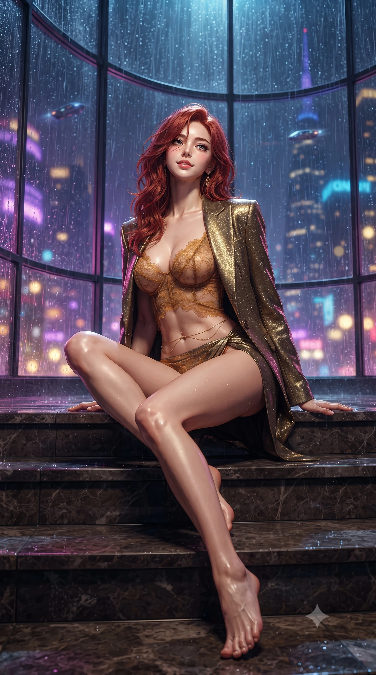 score_9, masterpiece, best quality, ultra-detailed, high-budget anime keyframe, editorial fashion photography, tasteful artistic composition, Korean woman. low angle full-body shot from head to toe showing her feet, filling the entire 9:16 vertical frame with her statuesque presence, stretching her vertical silhouette. sitting poised on the stone steps with one knee bent, arching her spine with supermodel elegance as she glances upward through thick eyelashes while standing poised against the colossal curving glass facade streaming with heavy night rain, arching her spine with predatory femme fatale grace. The background shows a soft-focus heavy cascading rain rivulets on glass, glowing vertical megacity spires, and flying commuter shuttles blurred into violet, gold, and sapphire bokeh. She has an absolutely perfect, statuesque 8.5-heads proportion, an exceptionally tall and slender model-like female figure with impossibly long slender legs, an ultra-slim waist, a flat toned midriff, narrow delicate ribcage, and beautifully sculpted feminine hips creating a graceful, slim hourglass silhouette without any bulky heaviness. sharp v-shaped jawline, high-bridge nose, sparkling eyes with hypnotic seductive depth, thick curled eyelashes, glossy parted lips with a natural dewy peach sheen, alluring bedroom-eyes with an enchanting coquettish smile, exuding magnetic siren charisma and sophisticated glamour, flawlessly proportioned anatomical accuracy, strict slender model proportions, natural body alignment, perfectly sculpted long slender limbs, ultra-slim waistline, clean dynamic posture without body distortion. wearing a delicate sheer French Chantilly lace teddy layered under an open tailored tuxedo blazer draped over bare shoulders in warm amber honey and antique gold leaf, woven from stretch metallic lurex jersey casting radiant starlight glints across her silhouette, accented with a dainty gold belly chain resting across her flat midriff and curving hips, the high-slit wrap tailoring accentuating her ultra-slim waistline and the enchanting curve of her feminine hips with alluring seductive charm. bathed in dynamic shifting multi-color neon light transmitted through rain-streaked exterior glass. ultra-reflective glossy finish, specular highlights, rich textural contrasts, high-contrast stereoscopic depth, volumetric dynamic lighting, 2k, ultra detail, master piece, 9:16 ratio