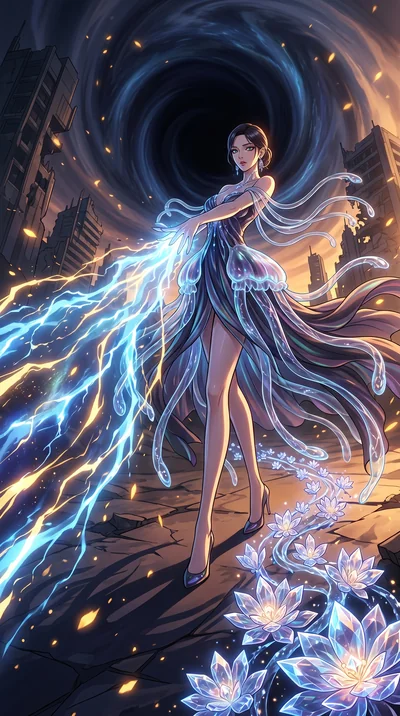 score_9, masterpiece, best quality, ultra-detailed, Set A: High-budget Anime Keyframe, Korean woman. Low angle cowboy shot filling the entire 9:16 frame with her statuesque presence. Theme: Urban Decay. unleashing a massive energy wave in the edge of