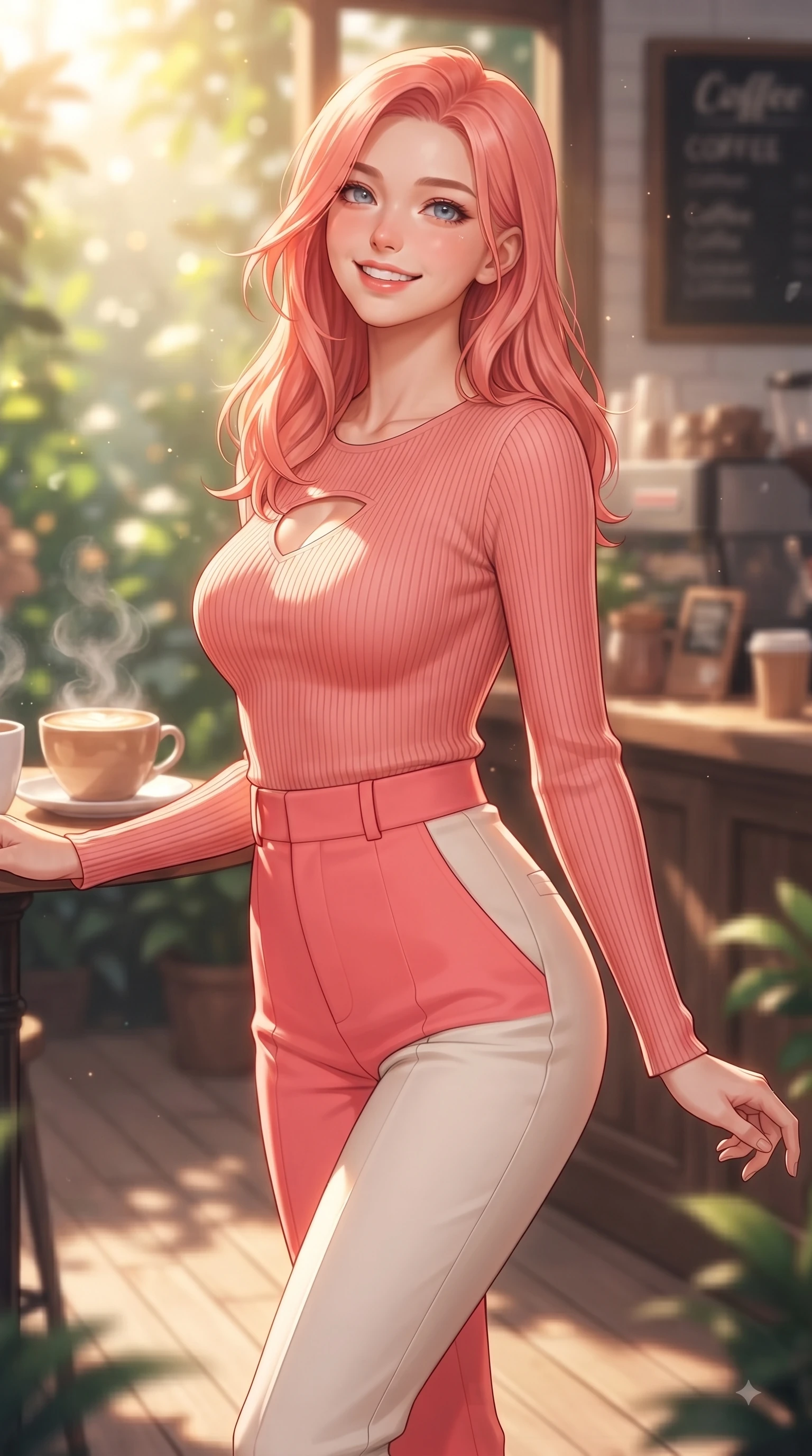 score_9, masterpiece, best quality, ultra-detailed, high-budget anime keyframe, editorial fashion photography, tasteful artistic composition, Japanese woman. close-up cowboy shot from the waist and thighs up, the character dominates the composition, filling the frame with her large presence. Tilting her chin up with a sweet beaming smile of pure delight while balancing dynamically amidst the scene while pivoting gracefully on a secluded wooden cafe terrace enveloped by green garden foliage. The composition keeps background elements in soft focus with dreamy bokeh. steaming latte cups and rustic coffee bar counters blurred smoothly behind her. She has an exceptionally elegant, slender, and willowy female figure with an ultra-slim waist, a gracefully sculpted slender torso, and a refined silhouette. sharp v-shaped jawline, high-bridge nose, intricate jewel-like eyes with depth, thick eyelashes, glossy lips with a natural sheen, flawlessly proportioned anatomical accuracy, natural body alignment, perfectly sculpted elegant limbs, clean dynamic posture without body distortion. wearing a form-contouring ribbed knit top paired with high-waisted tailored stretch trousers in vibrant coral pink and pure ivory, tailored from fine wool crepe with clean lines, accented with a Tasteful chest slit framing her clavicle gracefully, the form-contouring material highlighting her ultra-slim waist and long lines. bathed in warm golden sunlight streaming through clean glass cafe windows. ultra-reflective glossy finish, specular highlights, metallic sheen, high-contrast stereoscopic depth, volumetric dynamic lighting, 2k, ultra detail, master piece, 9:16 ratio