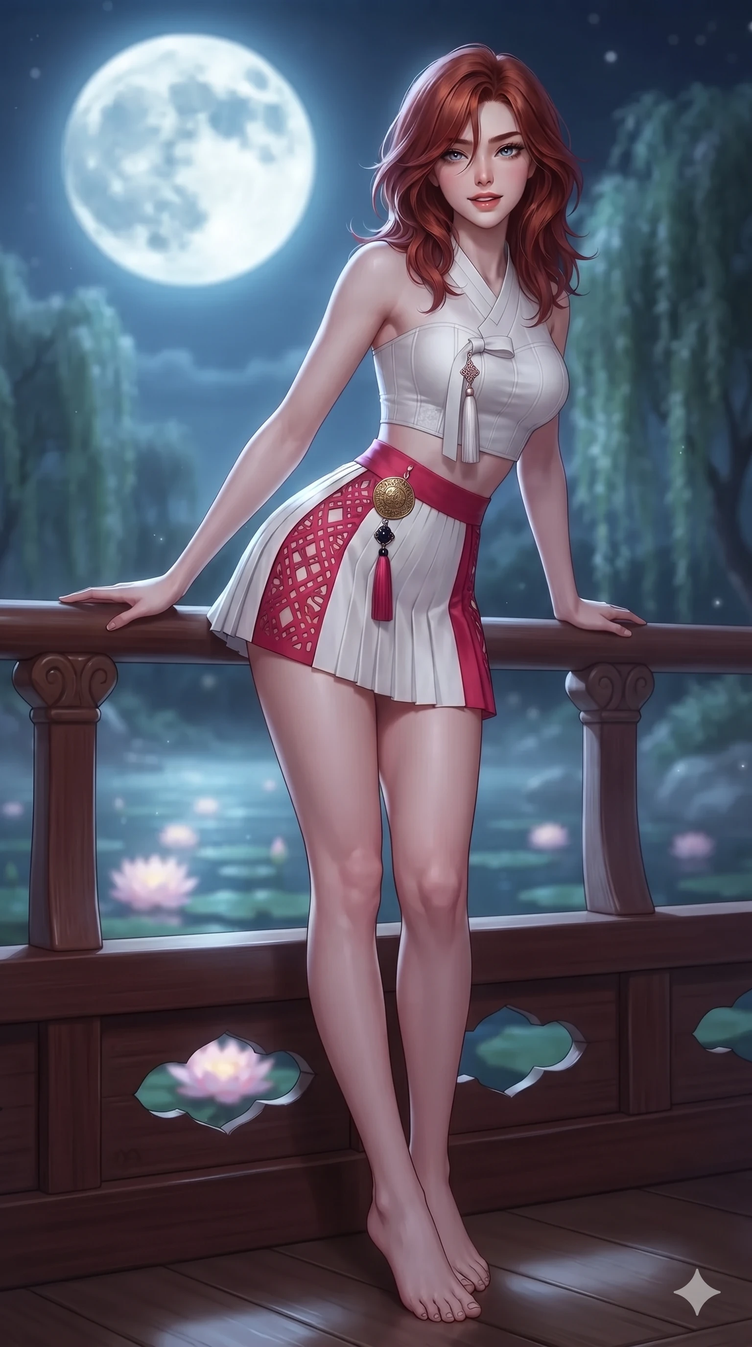 score_9, masterpiece, best quality, ultra-detailed, high-budget anime keyframe, editorial fashion photography, tasteful artistic composition, Korean woman. low angle full-body shot from head to toe showing her feet, filling the entire 9:16 vertical frame with her statuesque presence, stretching her vertical silhouette. leaning deep against the balcony balustrade with hips cocked back in an unapologetically alluring high-fashion stance, casting an intoxicating glance while twisting her slender torso in an alluring S-curve beside the lacquered wooden balustrade, silver moonbeams tracing her narrow waist and rounded hips. The background shows a soft-focus the giant glowing harvest full moon, floating lotus blossoms, and misty willow trees blurred into silver, jade, and amethyst bokeh. She has an absolutely perfect, statuesque 8.5-heads proportion, an exceptionally tall and slender model-like female figure with impossibly long slender legs, an ultra-slim waist, a flat toned midriff, narrow delicate ribcage, and beautifully sculpted feminine hips creating a graceful, slim hourglass silhouette without any bulky heaviness. sharp v-shaped jawline, high-bridge nose, sparkling eyes with hypnotic seductive depth, thick curled eyelashes, glossy parted lips with a natural dewy peach sheen, alluring bedroom-eyes with an enchanting coquettish smile, exuding magnetic siren charisma and sophisticated glamour, flawlessly proportioned anatomical accuracy, strict slender model proportions, natural body alignment, perfectly sculpted long slender limbs, ultra-slim waistline, clean dynamic posture without body distortion. wearing a modern boned hanbok bustier top with norigae tassel paired with an ultra-short micro-pleated silk wrap mini skirt in pure snow white and vivid cherry blossom crimson, adorned with laser-cut diamond side panels revealing teasing glimpses of bare skin, accented with an authentic engraved gold medallion and obsidian cabochons, the impeccably tailored cut draping gracefully along her slender figure with aristocratic eastern poise. illuminated by pond surface moonbeam bounce and sharp platinum rim lights sculpting her razor-sharp jawline, narrow waist, and curvy hips. ultra-reflective glossy finish, specular highlights, rich textural contrasts, high-contrast stereoscopic depth, volumetric dynamic lighting, 2k, ultra detail, master piece, 9:16 ratio