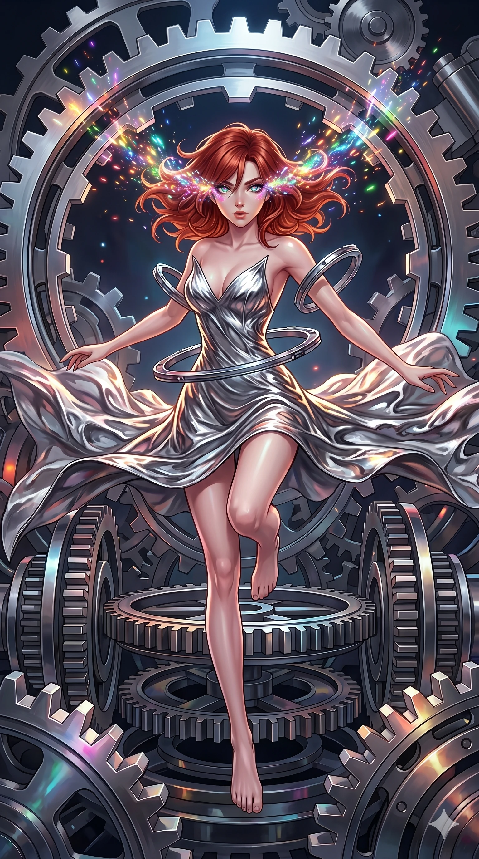score_9, masterpiece, best quality, ultra-detailed, Set A: High-budget Anime Keyframe, Japanese woman. Low angle cowboy shot filling the entire 9:16 frame with her statuesque presence. Leaping through a throne of gears, while her eyes glow with 290 different colors and surrounded by glowing energy sparks. She has an absolutely perfect 8-heads proportion, an exceptionally tall and slender female figure with impossibly long slender legs and an ultra-slim waist. Sharp v-shaped jawline, high-bridge nose, intricate jewel-like eyes with depth, thick eyelashes, glossy lips with a natural sheen. Wearing Molten silver texture dress with a sharp V-neckline and floating mechanical rings. Cinematic lighting, vibrant colors, dramatic shadows, 2k, ultra detail, master piece, 9:16 ratio