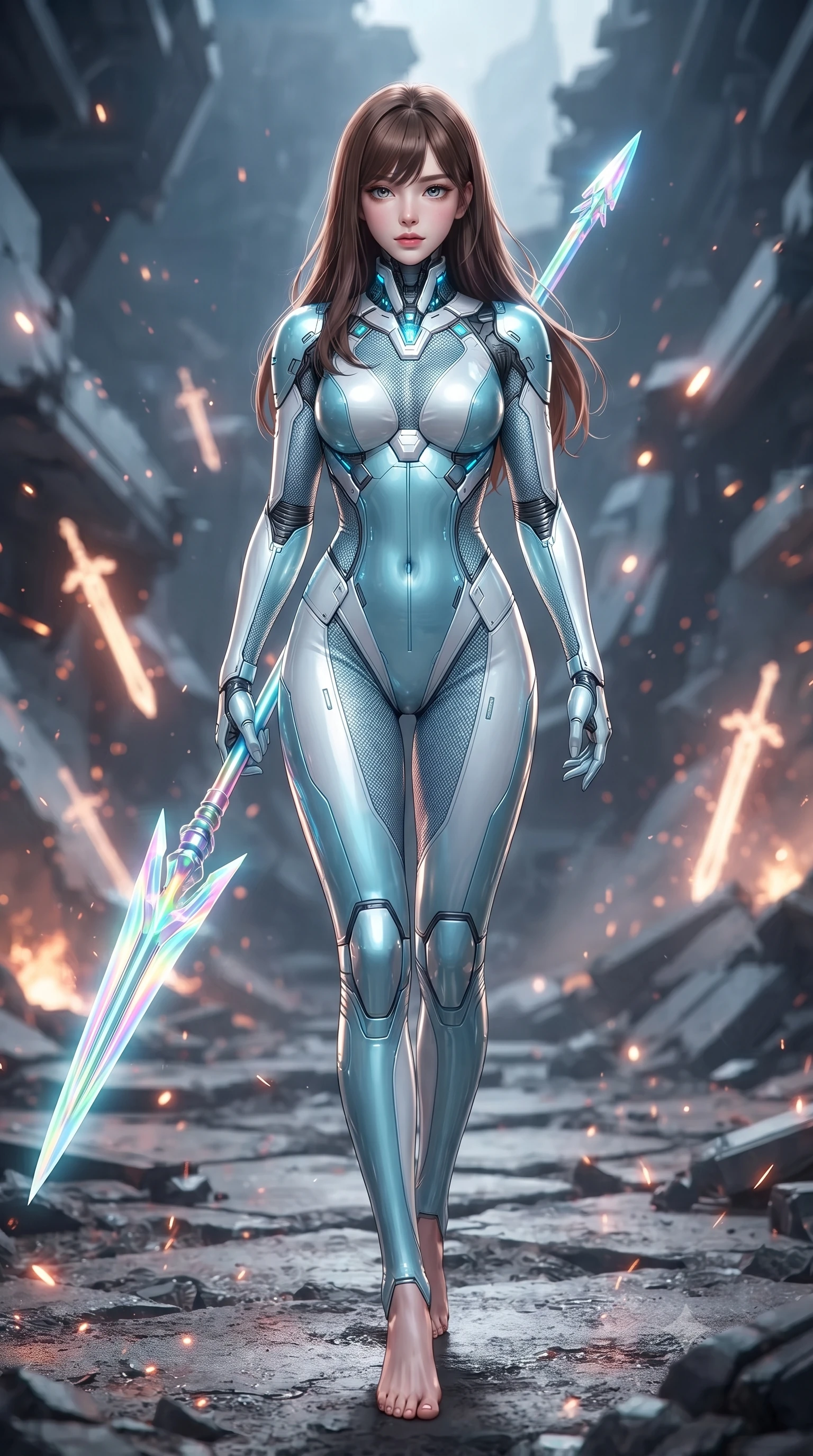 score_9, masterpiece, best quality, ultra-detailed, high-budget anime keyframe, editorial fashion photography, tasteful artistic composition, Korean woman. low angle full-body shot from head to toe showing her feet, filling the entire 9:16 vertical frame with her statuesque presence, stretching her vertical silhouette. striding forward with commanding supermodel grace, weapon held at the ready, her 8.5-heads statuesque silhouette dominating the vertical frame from head to toe while striding forward across the ruined arena floor with greatsword held in one hand with effortless supermodel strength. The composition keeps background elements in soft focus with creamy bokeh. sparks and glowing sword glyphs scattering radiant light motes across a ruined futuristic backdrop. She has an absolutely perfect, statuesque 8.5-heads proportion, an exceptionally tall and slender model-like female figure with impossibly long slender legs, a toned flat midriff, and an ultra-slim waist. sharp v-shaped jawline, high-bridge nose, intricate jewel-like eyes with depth, thick eyelashes, glossy lips with a natural sheen, flawlessly proportioned anatomical accuracy, strict slender model proportions, natural body alignment, perfectly sculpted long slender limbs, ultra-slim waistline, clean dynamic posture without body distortion. wearing an ultra-sleek glacial-cyan and white carbon-mesh combat bodysuit with frost-resistant plating, holding a glowing high-frequency cryo-energy spear with commanding poise in high-gloss iridescent rainbow carbon with prism holographic sheen, crafted from semi-translucent cybernetic carbon-vinyl interwoven with glowing micro-filaments, featuring a sleek aerodynamic collar framed by subtle glowing cybernetic status LEDs, the glove-like aerodynamic second-skin fit tightly clinging to her ultra-slender waist and athletic curves without adding bulk, accentuating her razor-sharp statuesque lines and slim hourglass silhouette. surrounded by an invincible, royal, and fiercely captivating cyber-gladiator empress aura. ultra-reflective glossy finish, specular highlights, dark metallic sheen, high-contrast stereoscopic depth, volumetric dynamic lighting, 2k, ultra detail, master piece, 9:16 ratio