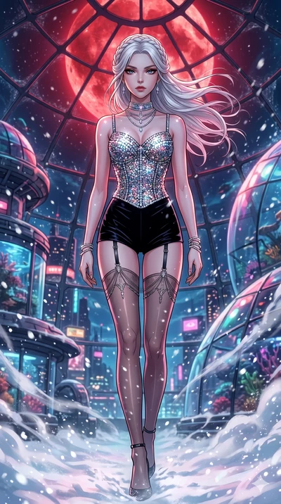 score_9, masterpiece, best quality, ultra-detailed, high-budget anime movie keyframe, cinematic anime lighting, intricate line art, Japanese woman. Low angle cowboy shot filling the entire 9:16 frame with her statuesque presence. walking through a bl