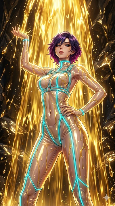 score_9, masterpiece, best quality, ultra-detailed, High-budget Anime Keyframe, East Asian woman. Low angle cowboy shot filling the entire 9:16 frame with her statuesque presence. Scenario 219: Standing under a waterfall of liquid gold, the fluid coa