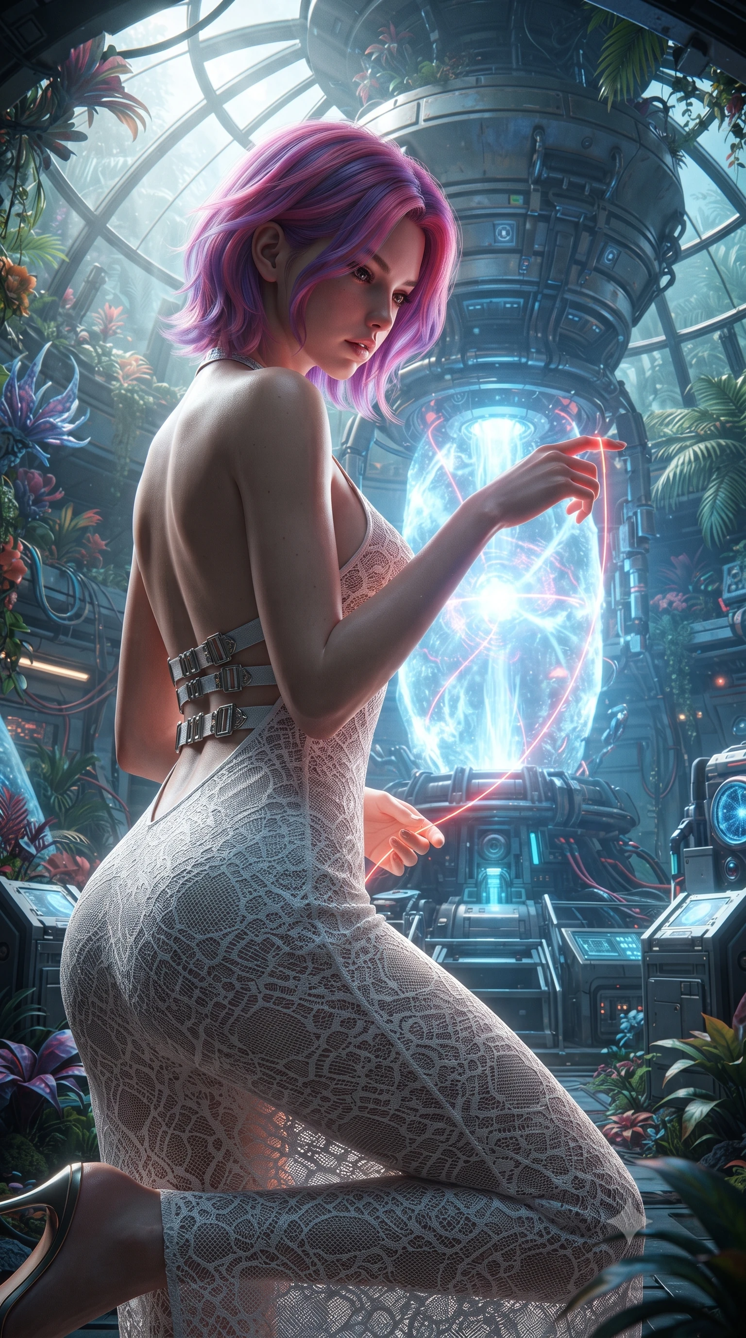 score_9, masterpiece, best quality, ultra-detailed, High-budget Anime Keyframe, editorial fashion photography, tasteful artistic composition, realistic cosplay photography, Caucasian woman, strictly human ears. Low angle cowboy shot filling the entire 9:16 frame with her statuesque presence. Scenario 525: tracing a glowing red thread of fate with her fingers in a secret bio-dome containing a giant glowing fusion reactor. Her presence is magnetic and overpowering in this high-budget cinematic scene. Outfit 525: a tailored pearl white micro-mesh lace slip dress with a dramatic backless design and metallic buckles. The clothing is designed to emphasize her exceptionally tall and slender 8-heads proportion. 8-heads proportion, towering silhouette, ultra-slim waist. sharp v-shaped jawline, intricate jewel-like eyes with depth, thick eyelashes, glossy lips. ultra-reflective glossy finish, specular highlights, metallic sheen, high-contrast stereoscopic depth, volumetric dynamic lighting, 2k, ultra detail, master piece, 9:16 ratio