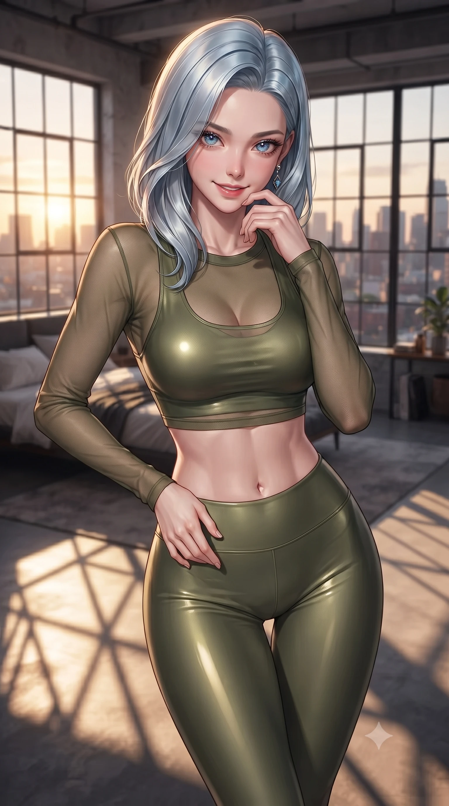 score_9, masterpiece, best quality, ultra-detailed, high-budget anime keyframe, editorial fashion photography, tasteful artistic composition, Korean woman woman. close-up cowboy shot from the waist and thighs up, the character dominates the composition, filling the frame with her large presence, background elements kept in soft focus. leaning slightly forward with a playful, teasing smile, her gaze locked onto the viewer the background shows a soft-focus a high-ceiling loft bedroom with large industrial windows looking at city skyline. She has an exceptionally elegant, slender, and willowy female figure with an ultra-slim waist, a gracefully sculpted slender torso, and a refined silhouette. sharp v-shaped jawline, high-bridge nose, intricate jewel-like eyes with depth, thick eyelashes, glossy lips with a natural sheen. wearing a slim-fit sheer mesh long-sleeve crop top in olive green, worn over a matching sports bra and leggings. golden hour sunset light casting long, dramatic geometric shadow lines across the floor. ultra-reflective glossy finish, specular highlights, metallic sheen, high-contrast stereoscopic depth, volumetric dynamic lighting, 2k, ultra detail, master piece, 9:16 ratio