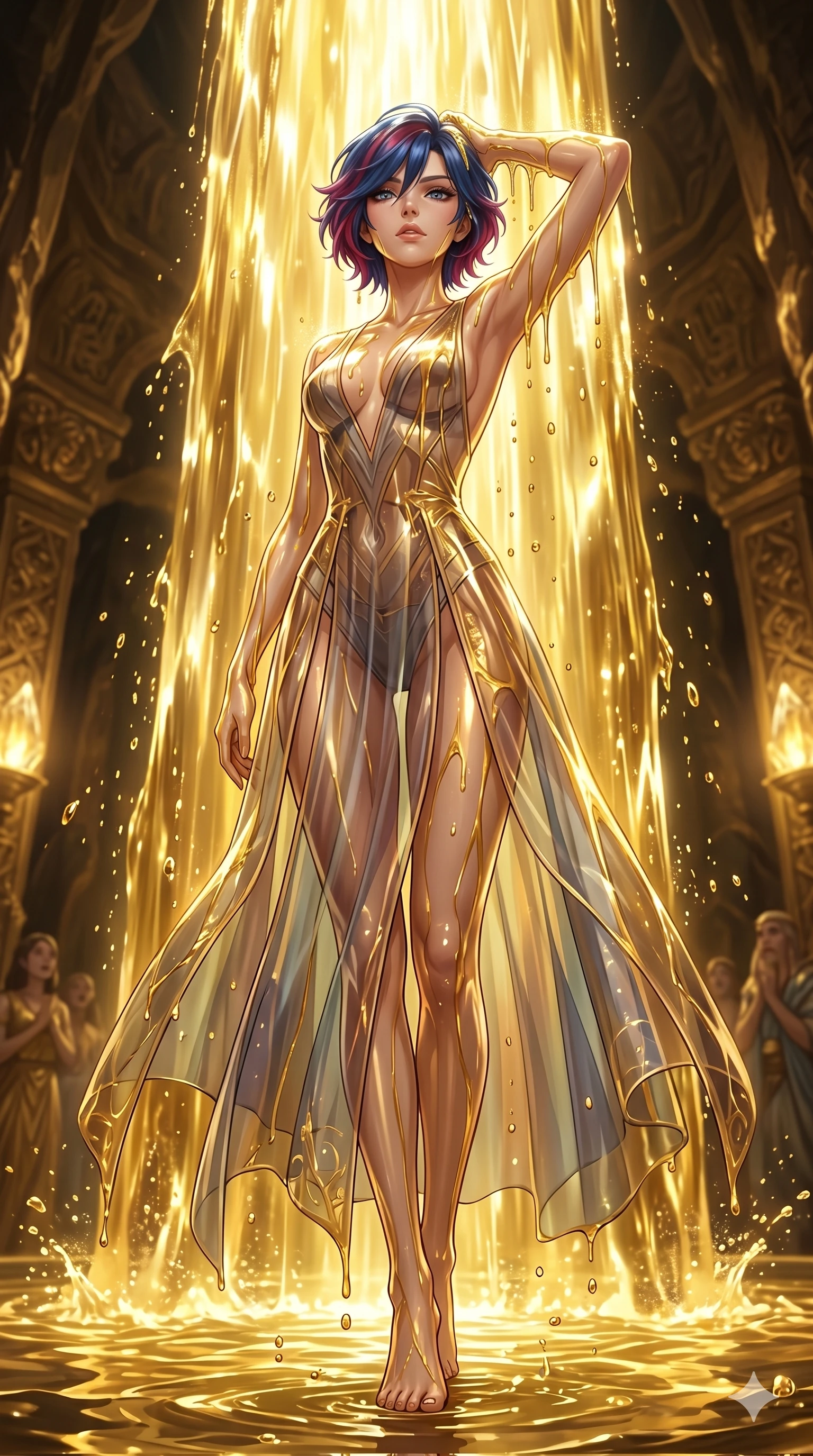 score_9, masterpiece, best quality, ultra-detailed, High-budget Anime Keyframe, East Asian woman. Low angle cowboy shot filling the entire 9:16 frame with her statuesque presence. Scenario 299: Standing under a waterfall of liquid gold, the fluid coating her form. Her presence is magnetic and overpowering in this high-budget anime scene. Outfit 299: A translucent PVC sheer with a backless design and translucent layers. The clothing is designed to emphasize her exceptionally tall and slender 8-heads proportion. 8-heads proportion, towering silhouette, ultra-slim waist. sharp v-shaped jawline, intricate jewel-like eyes with depth, thick eyelashes, glossy lips. 2k, ultra detail, master piece, 9:16 ratio