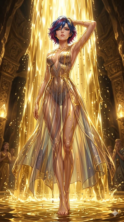 score_9, masterpiece, best quality, ultra-detailed, High-budget Anime Keyframe, East Asian woman. Low angle cowboy shot filling the entire 9:16 frame with her statuesque presence. Scenario 299: Standing under a waterfall of liquid gold, the fluid coa