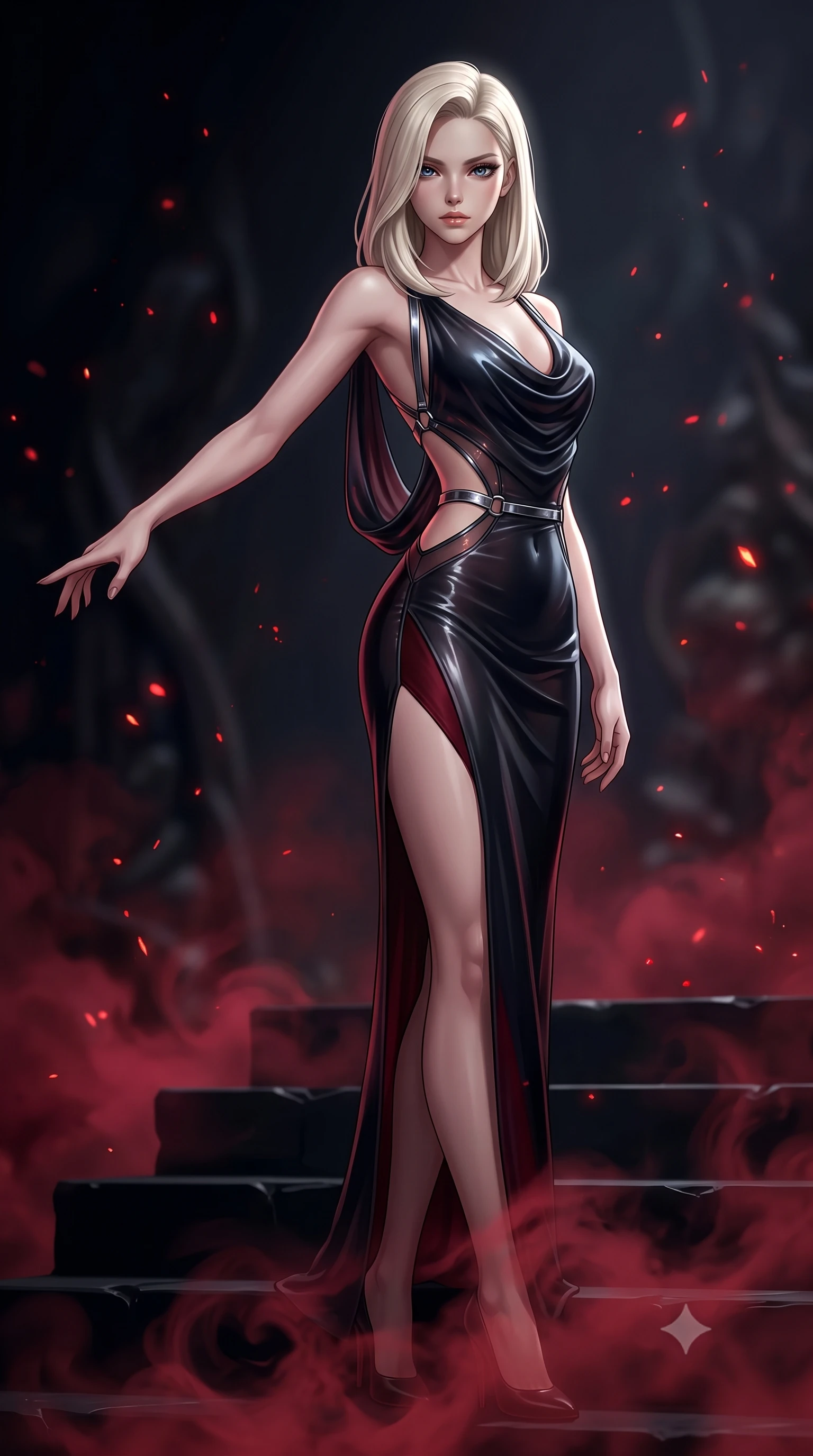 score_9, masterpiece, best quality, ultra-detailed, high-budget anime keyframe, semi-realistic 3D game render, editorial fashion photography, tasteful artistic composition, Caucasian woman. close-up cowboy shot from the waist and thighs up, the character dominates the composition, filling the frame with her large presence. extending one arm gracefully toward the shadows while her torso arches in a sleek, alluring curve with intoxicating, dangerous allure while standing with sovereign authority atop black stone dais steps as swirling crimson mist coils around her slender ankles. The composition keeps background elements in soft focus with creamy bokeh. floating red ember particles scattering soft glowing glints across a shadowy background. She has an exceptionally elegant, slender, and willowy female figure with an ultra-slim waist, a gracefully sculpted slender torso, toned flat midriff, and a refined slim silhouette. sharp v-shaped jawline, high-bridge nose, intricate jewel-like eyes with depth, thick eyelashes, glossy lips with a natural sheen, flawlessly proportioned anatomical accuracy, strict slender model proportions, natural body alignment, perfectly sculpted long slender limbs, ultra-slim waistline, clean dynamic posture without body distortion. wearing a precision-fitted liquid jersey bodycon dress in obsidian black with a dramatic draped cowl back that swoops down to her waist and a high side slit in midnight onyx black and deep blood crimson, tailored from semi-translucent dark cybernetic vinyl with subtle glowing micro-filaments, reinforced by a sleek metallic chrome harness and delicate dark glowing micro-straps, the precision-cut daring openings accentuating her delicate midriff, graceful bare collarbones, and ultra-slim feminine waistline. surrounded by a commanding, dark, and fiercely provocative blood-empress aura. rich saturated anime colors with deep moody shadows, detailed chiaroscuro shading with soft gradients, rich glossy textures, high-contrast stereoscopic depth, volumetric dynamic shadow lighting, master piece, 9:16 ratio