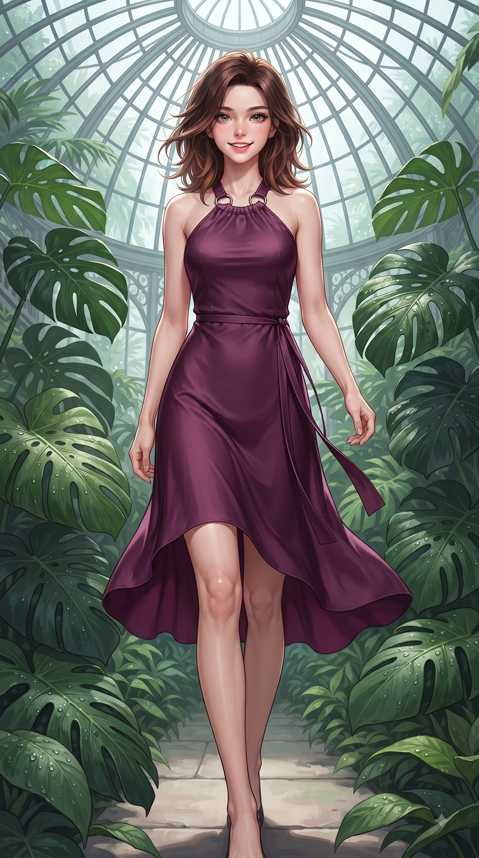 score_9, masterpiece, best quality, ultra-detailed, high-budget anime keyframe, editorial fashion photography, tasteful artistic composition, Korean woman. low angle full-body shot from head to toe showing her feet, filling the entire 9:16 vertical frame with her statuesque presence, stretching her vertical silhouette. Youthful cheerful smile exuding cute playful charm and radiant sparkle in her eyes while strolling through a lush botanical glasshouse surrounded by deep emerald Monstera leaves. The surrounding environment is rendered in vivid detail and crisp panoramic clarity. intricate glasshouse steel dome architecture, tropical plant leaf textures, and dewdrop details in crisp resolution. She has an absolutely perfect, statuesque 8.5-heads proportion, an exceptionally tall and slender model-like female figure with impossibly long slender legs and an ultra-slim waist. sharp v-shaped jawline, high-bridge nose, intricate jewel-like eyes with depth, thick eyelashes, glossy lips with a natural sheen, flawlessly proportioned anatomical accuracy, natural body alignment, perfectly sculpted elegant limbs, clean dynamic posture without body distortion. wearing a rich plum purple halter-neck silk dress with silver ring hardware in deep amethyst purple and rose gold, tailored from crisp high-density cotton poplin, accented with a delicate side waist sash creating fluid lines, the sleek second-skin fit accentuating her magnetic presence. illuminated by fresh botanical ambient glow with organic leaf stencil shadows. ultra-reflective glossy finish, specular highlights, metallic sheen, high-contrast stereoscopic depth, volumetric dynamic lighting, 2k, ultra detail, master piece, 9:16 ratio