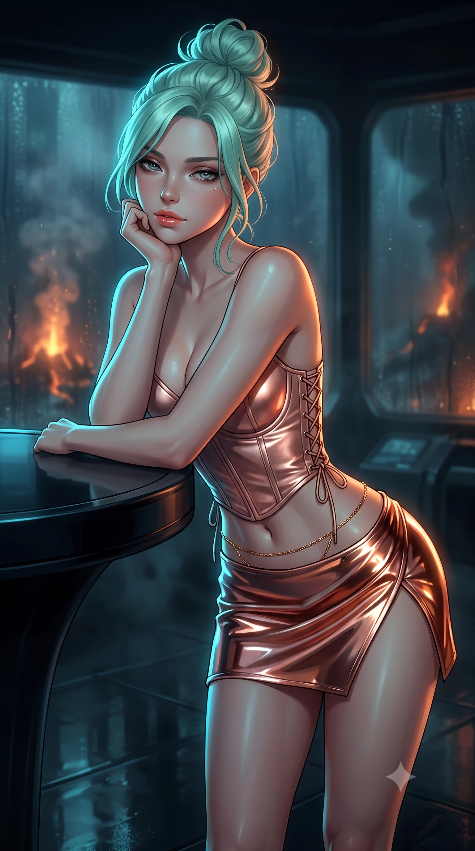 score_9, masterpiece, best quality, ultra-detailed, high-budget anime keyframe, editorial fashion photography, tasteful artistic composition, Japanese woman. close-up cowboy shot from the waist and thighs up, the character dominates the composition, filling the frame with her large presence. resting one elbow on the table and supporting her chin, leaning close to the camera with heavy-lidded sparkling eyes and parted lips while leaning against the curved obsidian console with hips cocked back, looking out into the abyssal darkness illuminated by hydrothermal vent fires with smoldering bedroom-eyes. The background shows a soft-focus condensing interior climate dew softened in abyssal ocean research cathedral shallow focus. She has an exceptionally elegant, slender, and willowy female figure with an ultra-slim waist, flat toned midriff, narrow ribcage, and sculpted feminine hips creating an alluring, slim hourglass silhouette without bulk. sharp v-shaped jawline, high-bridge nose, intricate jewel-like sparkling eyes with depth, thick eyelashes, glossy parted lips with a natural peach sheen, bright cheerful beaming smile with an enchanting and coquettish sensual glint, exuding both youthful cute charm and seductive allure, flawlessly proportioned anatomical accuracy, strict slender model proportions, natural body alignment, perfectly sculpted long slender limbs, ultra-slim waistline, clean dynamic posture without body distortion. wearing a sculpted satin cyber-corset with lace-up side ties paired with a low-rise micro skirt in high-gloss rose-gold and burnished copper, tailored from high-gloss patent leather with mirror-like specular highlights, accented with a dainty gold belly chain resting across her flat midriff and curving hips, the high-slit wrap tailoring accentuating her ultra-slim waistline and the enchanting curve of her feminine hips with alluring seductive charm. illuminated by acrylic floor reflection bounce and sharp sapphire-cyan rim lights sculpting her razor-sharp jawline, narrow waist, and curvy hips. ultra-reflective glossy finish, specular highlights, rich textural contrasts, high-contrast stereoscopic depth, volumetric dynamic lighting, 2k, ultra detail, master piece, 9:16 ratio