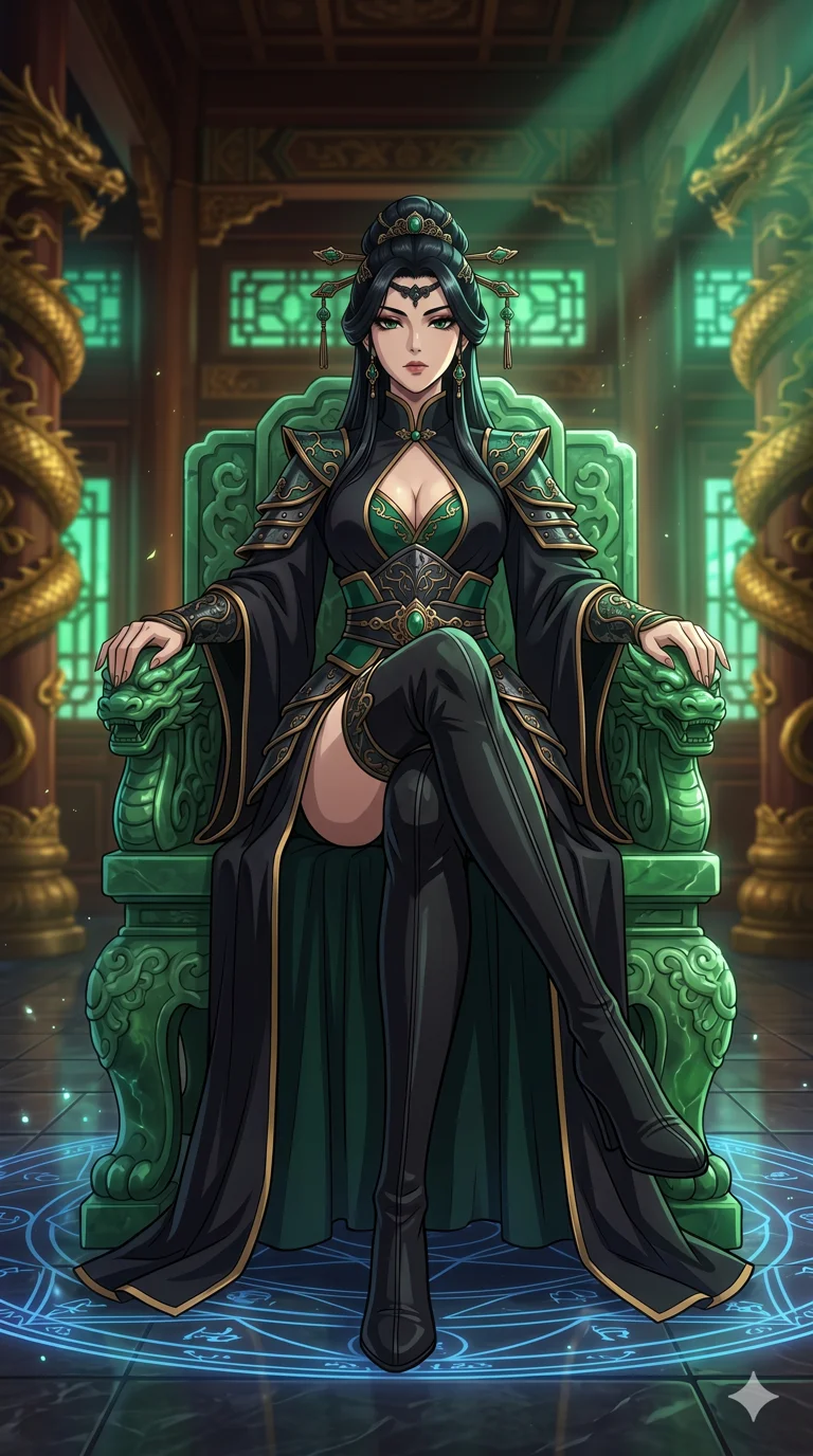 score_9, masterpiece, best quality, ultra-detailed, High-budget Anime Keyframe, beautiful Japanese anime girl. Low angle cowboy shot filling the entire 9:16 frame with her statuesque presence. Sitting majestically on a massive, intricately carved jade throne in a grand oriental palace. She has an absolutely perfect 8-heads proportion, an exceptionally tall and slender female figure with impossibly long slender legs and an ultra-slim waist. Sharp v-shaped jawline, high-bridge nose, intricate jewel-like eyes with depth, thick eyelashes, glossy lips with a natural sheen. Wearing a Dark Fantasy outfit: empress robes of black silk with emerald plate armor and a deep-plunging neckline. Background is a dim hall with golden dragon pillars and rays of emerald light. 2k, ultra detail, master piece, 9:16 ratio