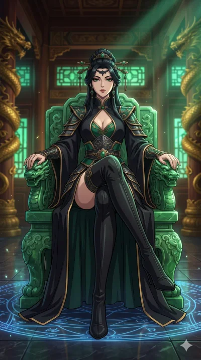 score_9, masterpiece, best quality, ultra-detailed, High-budget Anime Keyframe, beautiful Japanese anime girl. Low angle cowboy shot filling the entire 9:16 frame with her statuesque presence. Sitting majestically on a massive, intricately carved jad