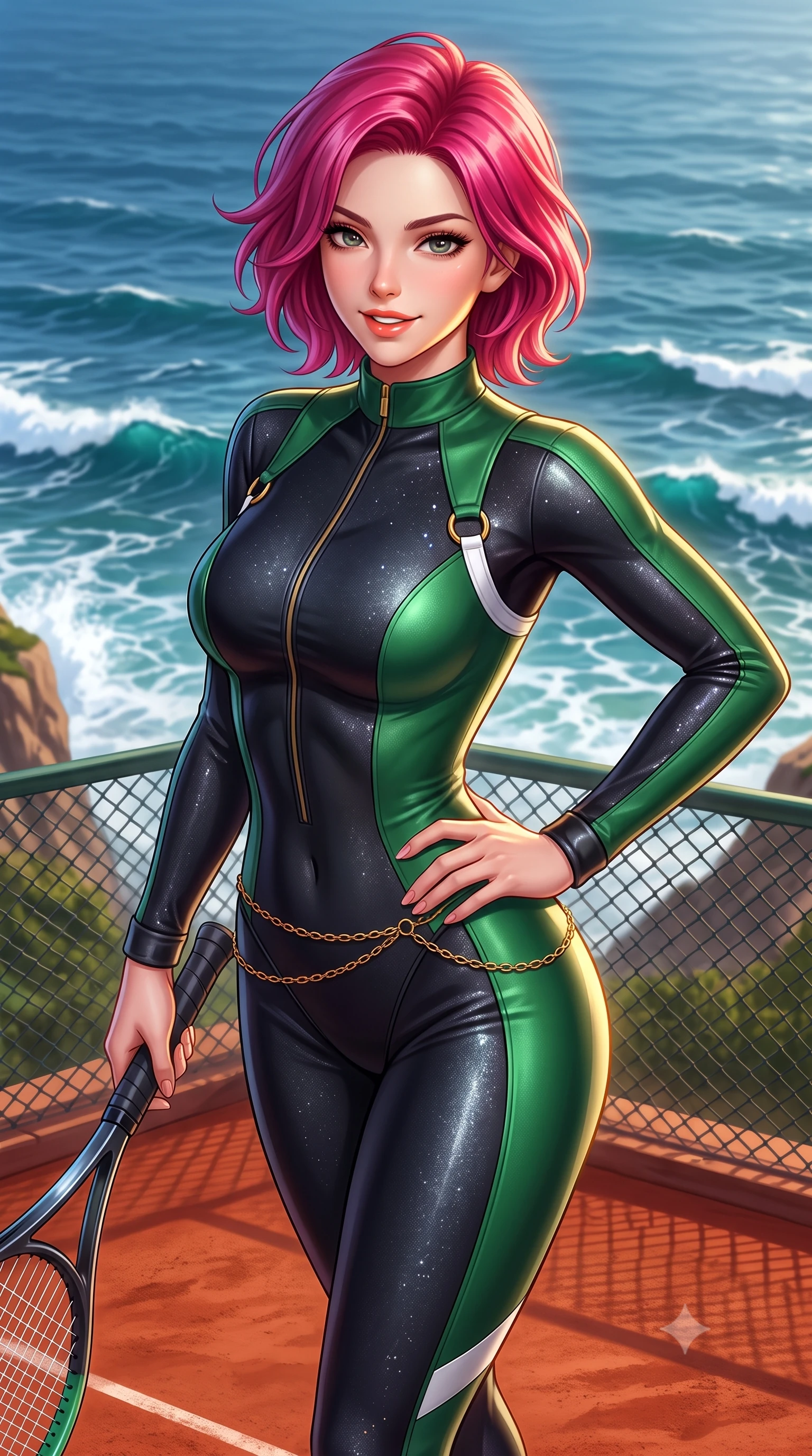 score_9, masterpiece, best quality, ultra-detailed, high-budget anime keyframe, semi-realistic 3D game render, editorial fashion photography, tasteful artistic composition, Caucasian woman. close-up cowboy shot from the waist and thighs up, the character dominates the composition, filling the frame with her large presence. twisting her slender torso in an alluring contrapposto stance, one hand resting on her sculpted hip while holding a tennis racket with effortless poise while standing at the cliffside court fence high above crashing Atlantic rollers, arching her back with dynamic athletic grace. The surrounding environment is rendered in vivid detail and crisp panoramic clarity: sharp red clay surface texture, stone balustrade relief, and ocean wave crest clarity in deep focus. She has an exceptionally elegant, slender, and willowy female figure with an ultra-slim waist, flat toned midriff, narrow ribcage, and sculpted feminine hips creating an alluring, slim hourglass silhouette without bulk. sharp v-shaped jawline, high-bridge nose, sparkling eyes with athletic focus and depth, thick curled eyelashes, glossy parted lips with a natural coral-peach sheen, bright confident and coquettish smile with alluring bedroom-eyes, exuding both youthful sporty vigor and sovereign high-society glamour, flawlessly proportioned anatomical accuracy, strict slender model proportions, natural body alignment, perfectly sculpted long slender limbs, ultra-slim waistline, clean dynamic posture without body distortion. wearing a high-performance speeder racing suit in matte black and Wimbledon green with gold hardware rings in speedway charcoal slate and optic white accents, woven from metallic lurex and technical nylon with subtle starlight glints, accented with a delicate gold chain belt resting loosely on her curvy hips, the form-fitting tailored bodice adhering flawlessly to her sculpted flat midriff and slender torso, emphasizing her long leg lines and perfectly proportioned willowy build. illuminated by ocean surf bounce fill and sharp warm-gold rim lights defining her razor-sharp jawline, narrow waist, and curvy hips. highly saturated vibrant anime colors, detailed shading with soft gradients, rich glossy textures, high-contrast stereoscopic depth, volumetric dynamic lighting, master piece, 9:16 ratio