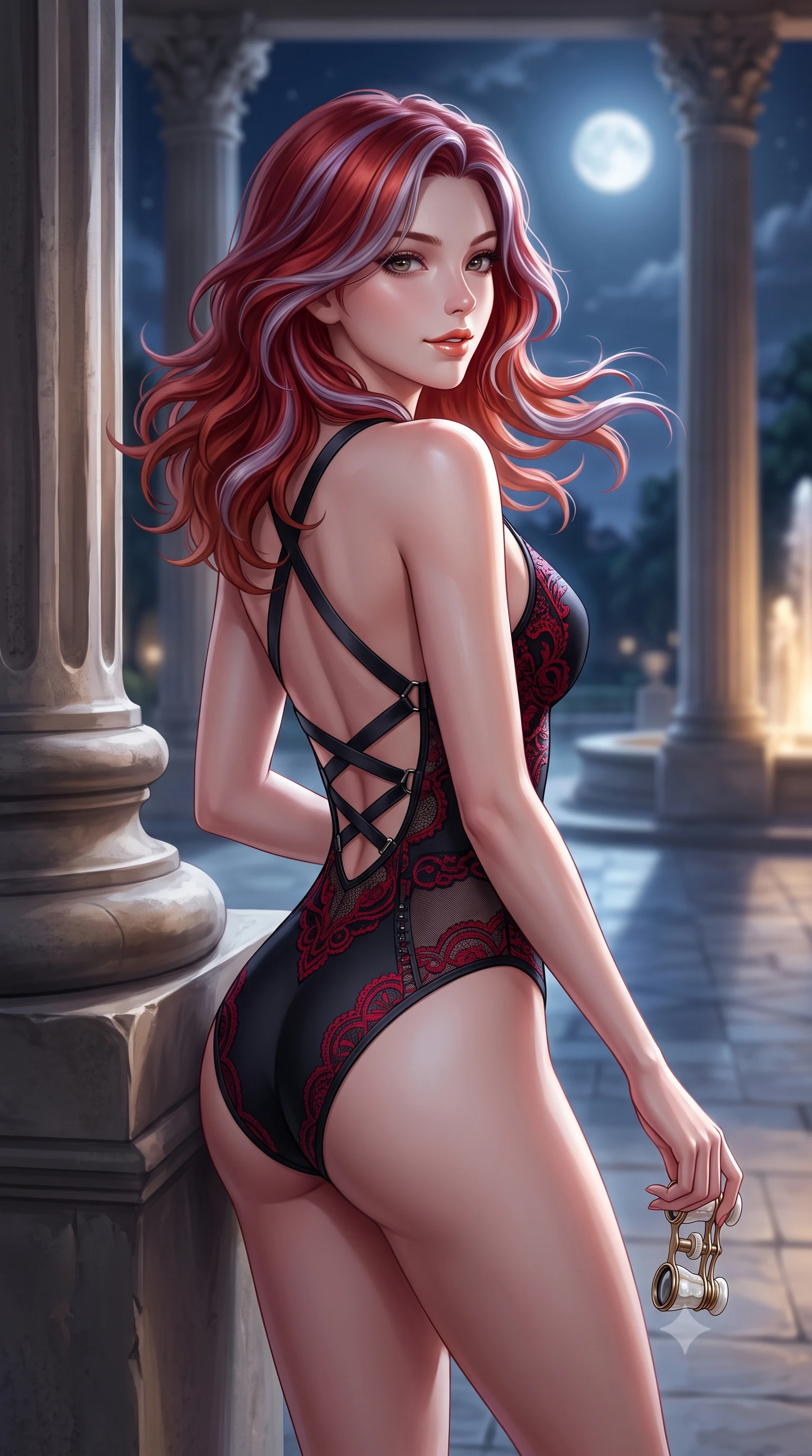 score_9, masterpiece, best quality, ultra-detailed, high-budget anime keyframe, semi-realistic 3D game render, editorial fashion photography, tasteful artistic composition, Caucasian woman. close-up cowboy shot from the waist and thighs up, the character dominates the composition, filling the frame with her large presence. turning slowly with an enchanting smoldering smile, her glossy hair tossing in the breeze as her hips angle gracefully in a captivating contrapposto while leaning against the stone column pedestal with hips cocked back, looking over a bare shoulder toward the moonlit Parisian garden. The background shows a soft-focus monumental stone column capitals softened in romantic Parisian night shallow focus. She has an exceptionally elegant, slender, and willowy female figure with an ultra-slim waist, flat toned midriff, narrow ribcage, and sculpted feminine hips creating an alluring, slim hourglass silhouette without bulk. sharp v-shaped jawline, high-bridge nose, sparkling eyes with hypnotic seductive depth, thick curled eyelashes, glossy parted lips with a natural dewy peach sheen, alluring bedroom-eyes with an enchanting coquettish smile, exuding magnetic siren charisma and sophisticated glamour, flawlessly proportioned anatomical accuracy, strict slender model proportions, natural body alignment, perfectly sculpted long slender limbs, ultra-slim waistline, clean dynamic posture without body distortion. wearing a backless stretch lace ballet leotard with high-cut leg openings and delicate criss-cross satin back ribbons in matte obsidian black and tactical crimson red with gunmetal hardware, made of semi-opaque stretch illusion mesh with soft shadowy contours, accented with an antique mother-of-pearl opera glass held casually in one hand, the form-contouring silhouette accentuating her sculpted flat midriff, narrow delicate ribcage, and gracefully curvy hips with intoxicating allure. bathed in cool celestial moonlight streaming across the palace plaza paired with warm fountain spotlight fill. highly saturated vibrant anime colors, detailed shading with soft gradients, rich glossy textures, high-contrast stereoscopic depth, volumetric dynamic lighting, master piece, 9:16 ratio