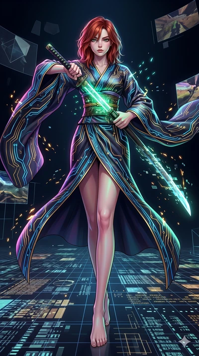 score_9, masterpiece, best quality, ultra-detailed, Set A: High-budget Anime Keyframe, Japanese woman. Low angle cowboy shot filling the entire 9:16 frame with her statuesque presence. Drawing a blade through a virtual reality void, holding a relic t