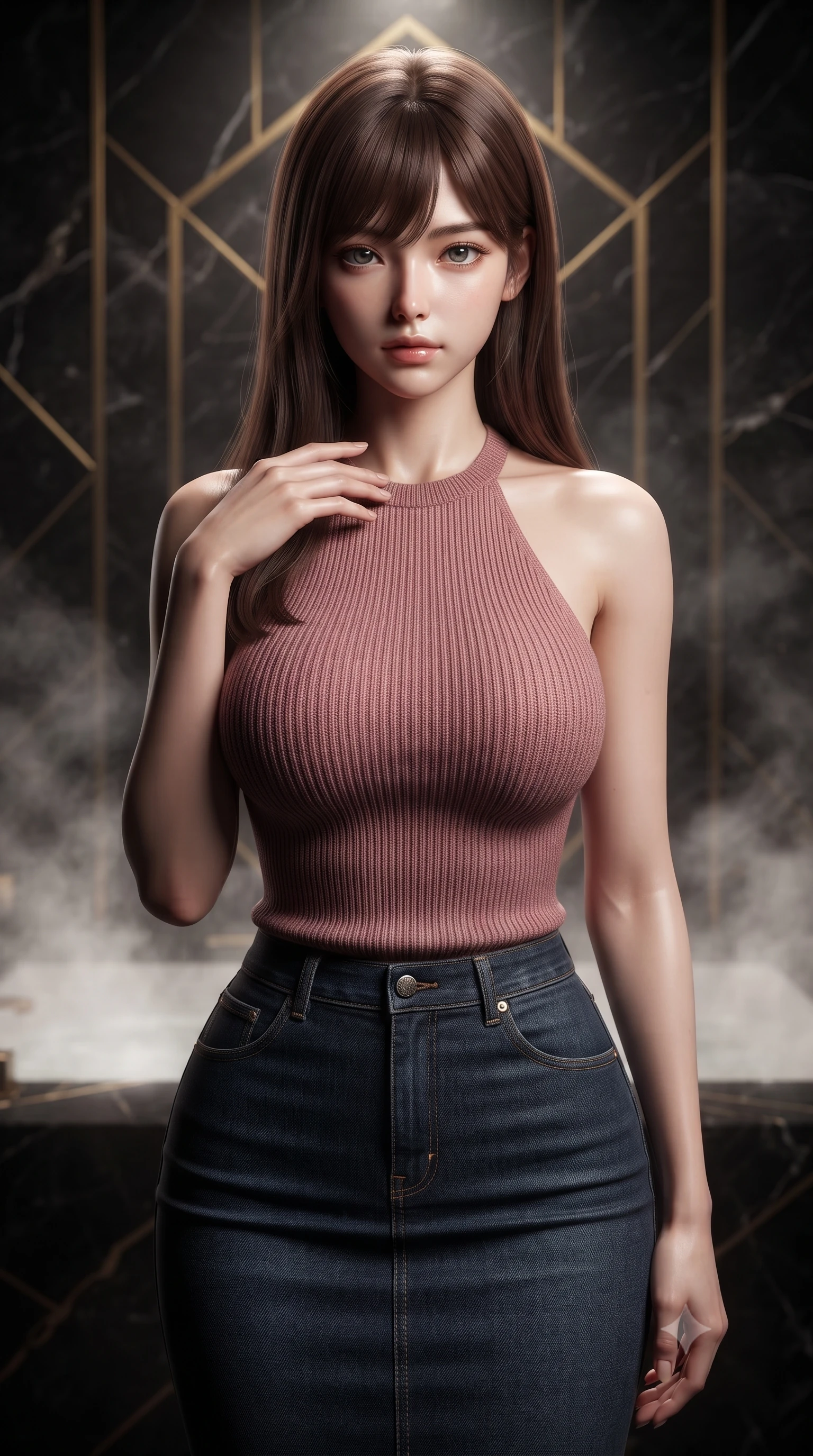 score_9, masterpiece, best quality, ultra-detailed, high-budget anime keyframe, editorial fashion photography, tasteful artistic composition, Korean woman. close-up cowboy shot from the waist and thighs up, the character dominates the composition, filling the frame with her large presence, background elements kept in soft focus. standing with one hand resting on her collarbone, looking at the viewer with bedroom-eyes the background shows a soft-focus a steamy private bath chamber built of dark obsidian stone with gold accents. She has an exceptionally elegant, slender, and willowy female figure with an ultra-slim waist, a gracefully sculpted slender torso, and a refined silhouette. sharp v-shaped jawline, high-bridge nose, intricate jewel-like eyes with depth, thick eyelashes, glossy lips with a natural sheen. wearing a body-hugging form-fitting ribbed knit halter top in dusty rose, paired with a tight-fitting denim skirt. dramatic chiaroscuro lighting focusing on her athletic, slender build. ultra-reflective glossy finish, specular highlights, metallic sheen, high-contrast stereoscopic depth, volumetric dynamic lighting, 2k, ultra detail, master piece, 9:16 ratio