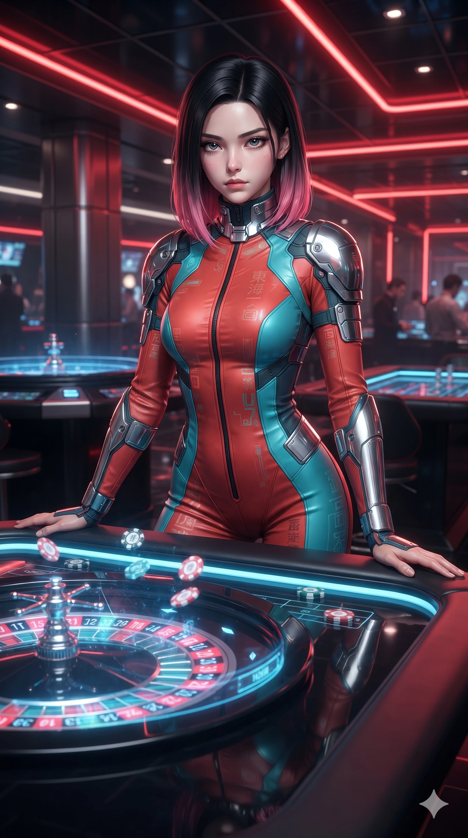 score_9, masterpiece, best quality, ultra-detailed, high-budget anime keyframe, editorial fashion photography, tasteful artistic composition, Korean woman. close-up cowboy shot from the waist and thighs up, the character dominates the composition, filling the frame with her large presence. resting both hands lightly on her tactical utility belt, arching her spine to highlight her narrow waist, flat midriff, and breathtaking collarbones while standing in a tall, confident posture with one hand on a glowing metal railing, stretching her statuesque body as she arches her lower back while leaning over the glossy black hologram roulette table with hips cocked back. The surrounding environment is rendered in vivid detail and crisp panoramic clarity: sharp holographic chip stack projections, polished black lacquer table reflections, and red neon tube clarity in deep focus. She has an exceptionally elegant, slender, and willowy female figure with an ultra-slim waist, flat toned midriff, narrow ribcage, and sculpted feminine hips creating an alluring, slim hourglass silhouette without bulk. sharp v-shaped jawline, high-bridge nose, intricate jewel-like sparkling eyes with depth, thick eyelashes, glossy parted lips with a natural sheen, bright confident smile with an enchanting and coquettish sensual glint, exuding both youthful magnetic charm and sovereign high-tech allure, flawlessly proportioned anatomical accuracy, strict slender model proportions, natural body alignment, perfectly sculpted long slender limbs, ultra-slim waistline, clean dynamic posture without body distortion. wearing a high-neck tactical reconnaissance jumpsuit with reinforced knee and elbow articulation guards in cyber-shinto vermilion and laser turquoise, made of flexible bullet-resistant ballistic microfiber with high-tensile strength, accented with strategically placed chrome armor plate guards covering key curves, the impeccably tailored cut draping gracefully along her slender figure with aristocratic poise. illuminated by glowing table surfaces and sharp scarlet rim lights carving her sculpted collarbones, ultra-slim waist, and curvy hips. ultra-reflective glossy finish, specular highlights, rich textural contrasts, high-contrast stereoscopic depth, volumetric dynamic lighting, 2k, ultra detail, master piece, 9:16 ratio
