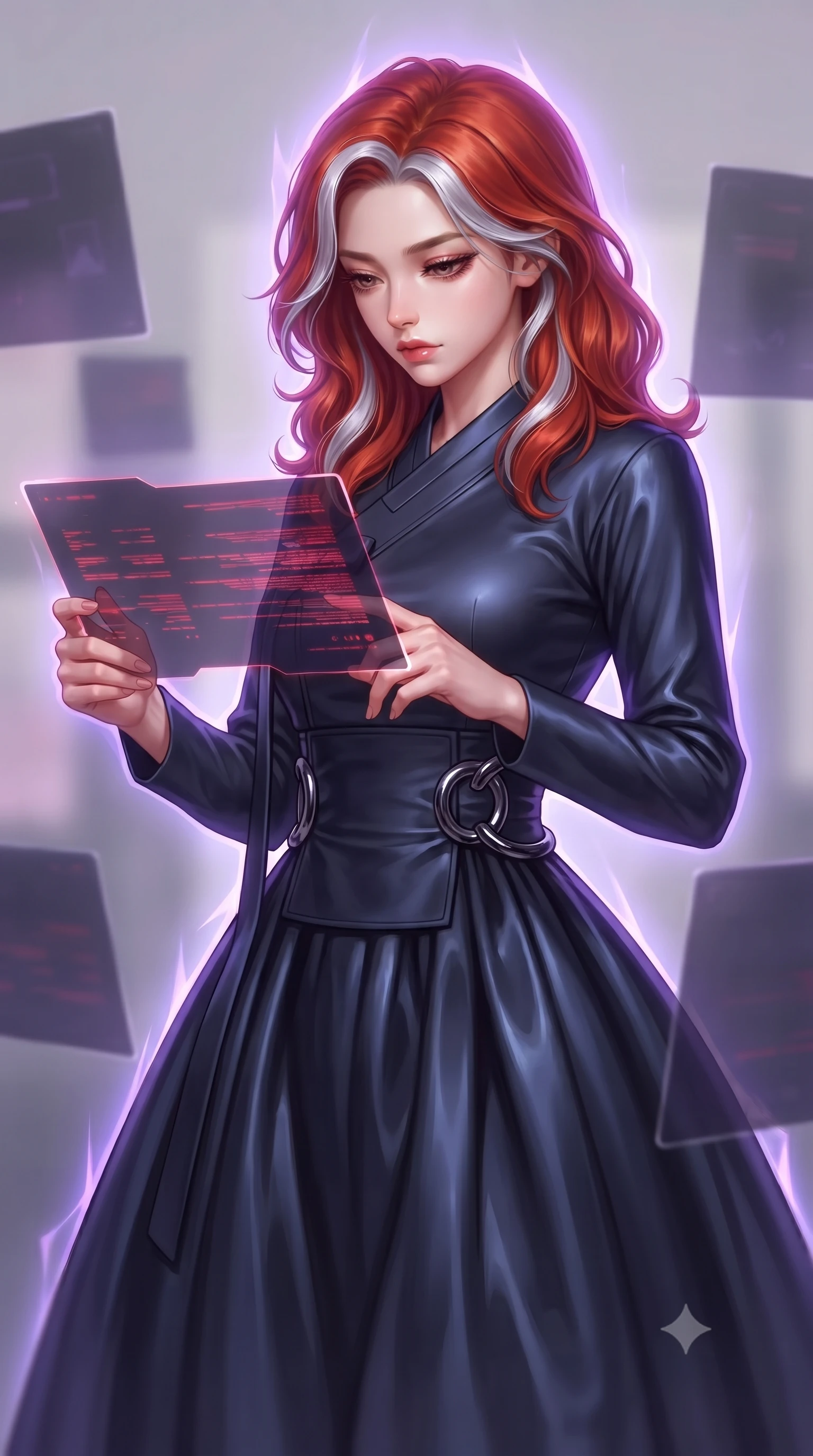 score_9, masterpiece, best quality, ultra-detailed, high-budget anime keyframe, editorial fashion photography, tasteful artistic composition, Caucasian woman. close-up cowboy shot from the waist and thighs up, the character dominates the composition, filling the frame with her large presence, background elements kept in soft focus. Looking down with lowered lashes and a composed, powerful dark aura, interacting with a floating dark glass interface emitting crimson data streams, translucent dark glass interfaces casting subtle violet key light. She has an exceptionally elegant, slender, and willowy female figure with an ultra-slim waist, a gracefully sculpted slender torso, and a refined silhouette. sharp v-shaped jawline, high-bridge nose, intricate jewel-like eyes with depth, thick eyelashes, glossy lips with a natural sheen. wearing modern fusion dark hanbok dress with structured obsidian bodice in midnight navy blue, made of liquid dark mercury jersey, accented with sculpted obsidian chrome rings at the waist, the fitted fabric emphasizing her ultra-slim waist. surrounded by a glowing violet matrix aura with sharp edge highlights. highly saturated vibrant anime colors, detailed shading with soft gradients, rich glossy textures, high-contrast stereoscopic depth, volumetric dynamic lighting, master piece, 9:16 ratio