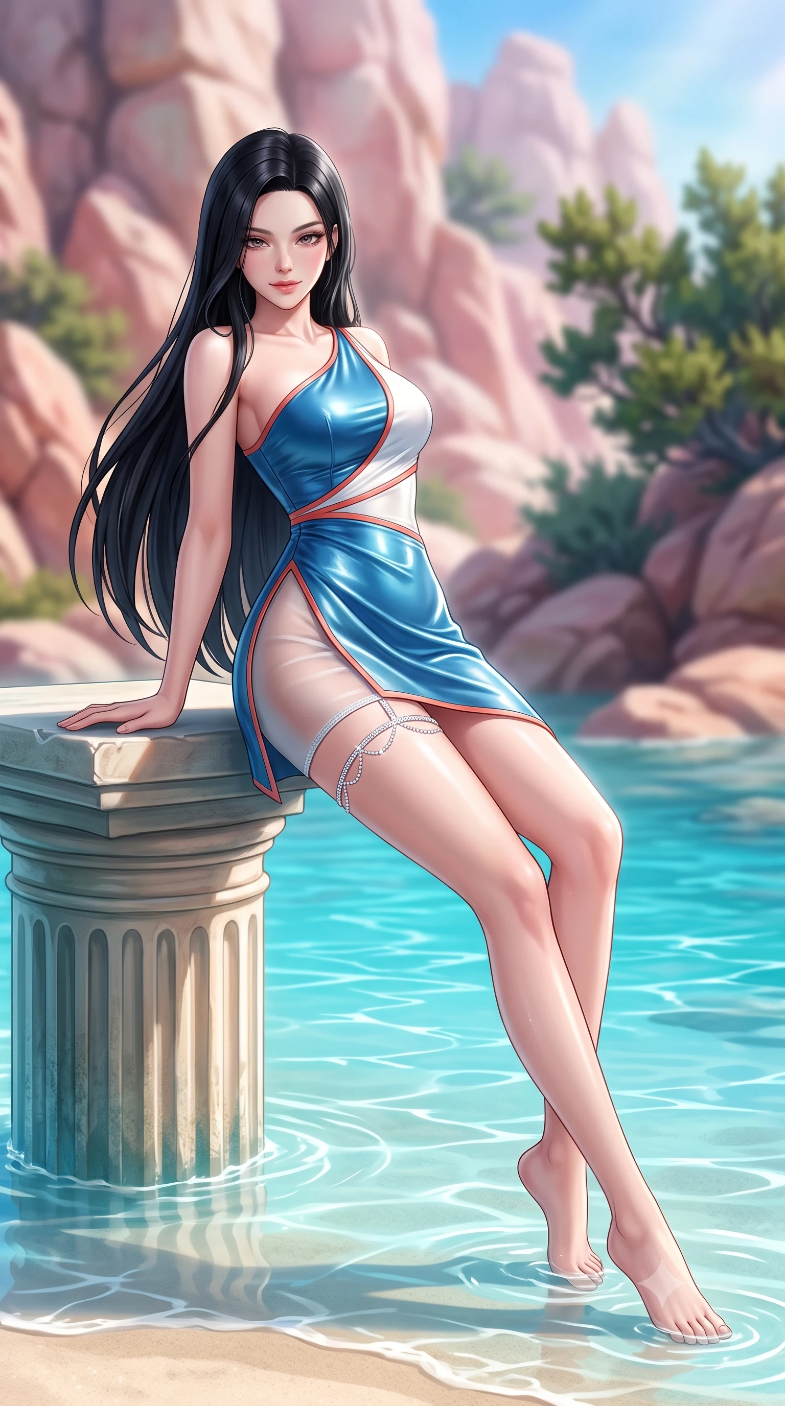score_9, masterpiece, best quality, ultra-detailed, high-budget anime keyframe, semi-realistic 3D game render, editorial fashion photography, tasteful artistic composition, Korean woman. low angle full-body shot from head to toe showing her feet, filling the entire 9:16 vertical frame with her statuesque presence, stretching her vertical silhouette. standing tall beside the architectural column, one hand resting high while arching her lower back to emphasize her sculpted feminine hips and slender waist while lounging in the shallow water over smooth sand with legs extended, water gently lapping her thighs as she casts a smoldering bedroom-gaze. The background shows a soft-focus surreal wind-carved granite rock formations, gin-clear turquoise lagoon, and wild juniper bushes blurred into rose-quartz, emerald, and azure bokeh. She has an absolutely perfect, statuesque 8.5-heads proportion, an exceptionally tall and slender model-like female figure with impossibly long slender legs, an ultra-slim waist, a flat toned midriff, narrow delicate ribcage, and beautifully sculpted feminine hips creating a graceful, slim hourglass silhouette without any bulky heaviness. sharp v-shaped jawline, high-bridge nose, sparkling eyes with hypnotic seductive depth, thick curled eyelashes, glossy parted lips with a natural dewy peach sheen, alluring bedroom-eyes with an enchanting coquettish smile, exuding magnetic siren charisma and sophisticated glamour, flawlessly proportioned anatomical accuracy, strict slender model proportions, natural body alignment, perfectly sculpted long slender limbs, ultra-slim waistline, clean dynamic posture without body distortion. wearing an asymmetric one-shoulder metallic leather mini dress with a dramatic side slit hugging her narrow waist and hips in Mediterranean cerulean blue and optic white with coral trims, made of semi-opaque stretch illusion mesh with soft shadowy contours, finished with delicate crystal-encrusted thigh garter straps glinting in the sunlight, the high-slit wrap tailoring accentuating her ultra-slim waistline and the enchanting curve of her feminine hips with alluring seductive charm. illuminated by lagoon water caustic bounce and sharp platinum rim lights defining her delicate clavicles, narrow waist, and curvy hips. highly saturated vibrant anime colors, detailed shading with soft gradients, rich glossy textures, high-contrast stereoscopic depth, volumetric dynamic lighting, master piece, 9:16 ratio